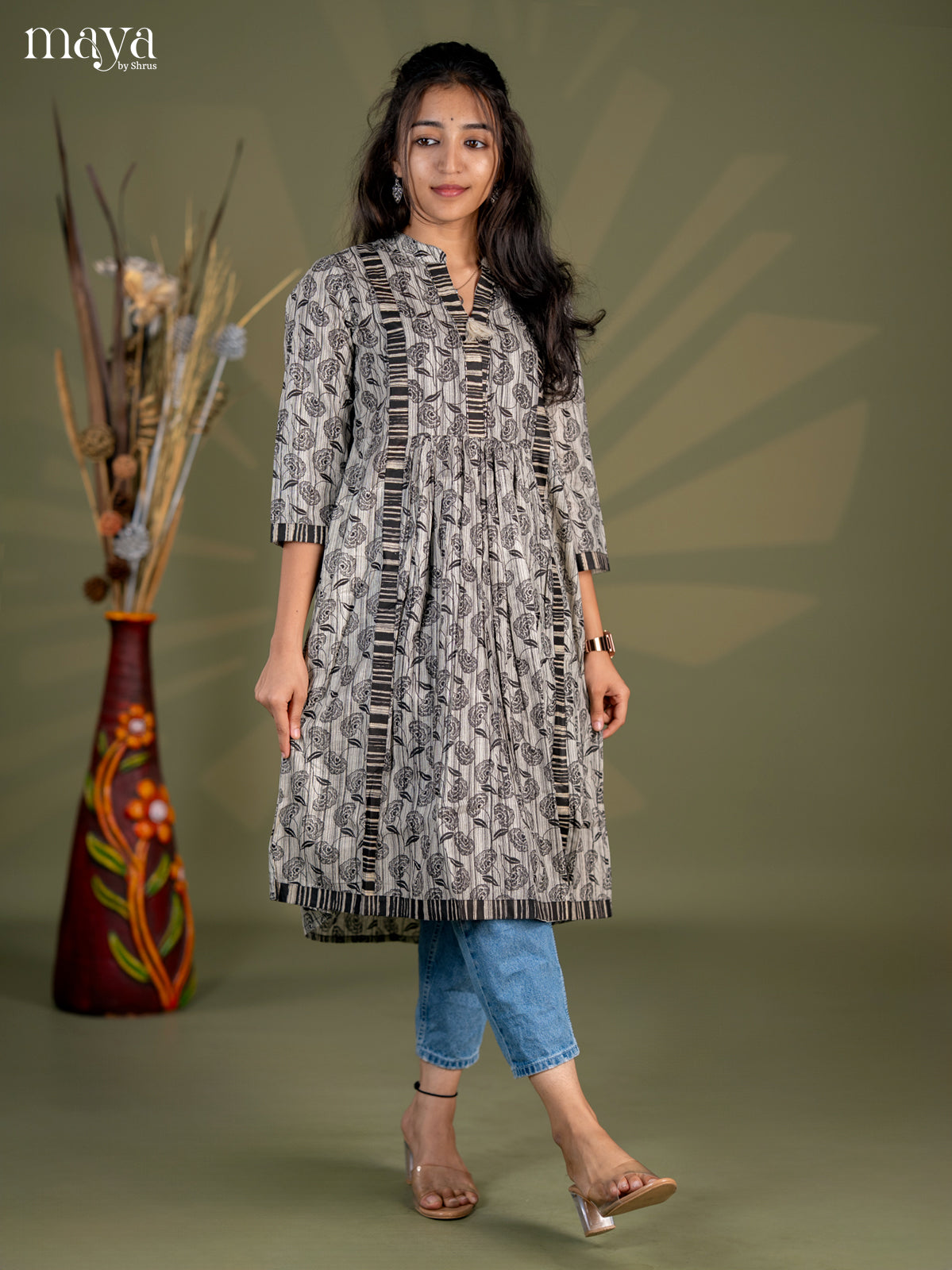 Dark Brown Floral Printed Cotton Umbrella Kurti - Shop on Shrus.com