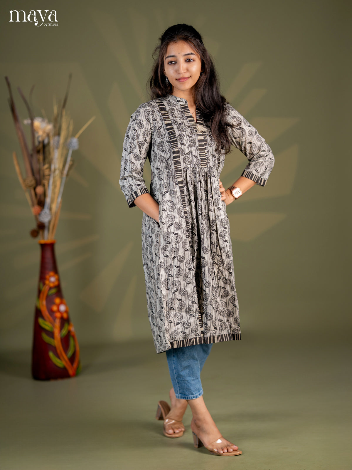Dark Brown Floral Printed Cotton Umbrella Kurti - Shop on Shrus.com