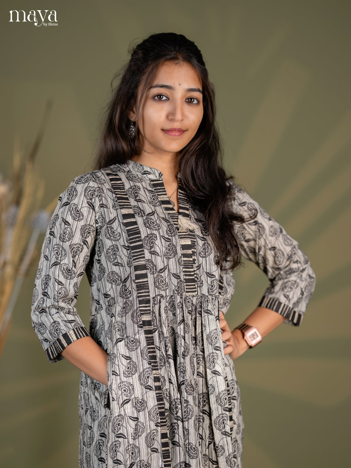 Dark Brown Floral Printed Cotton Umbrella Kurti - Shop on Shrus.com