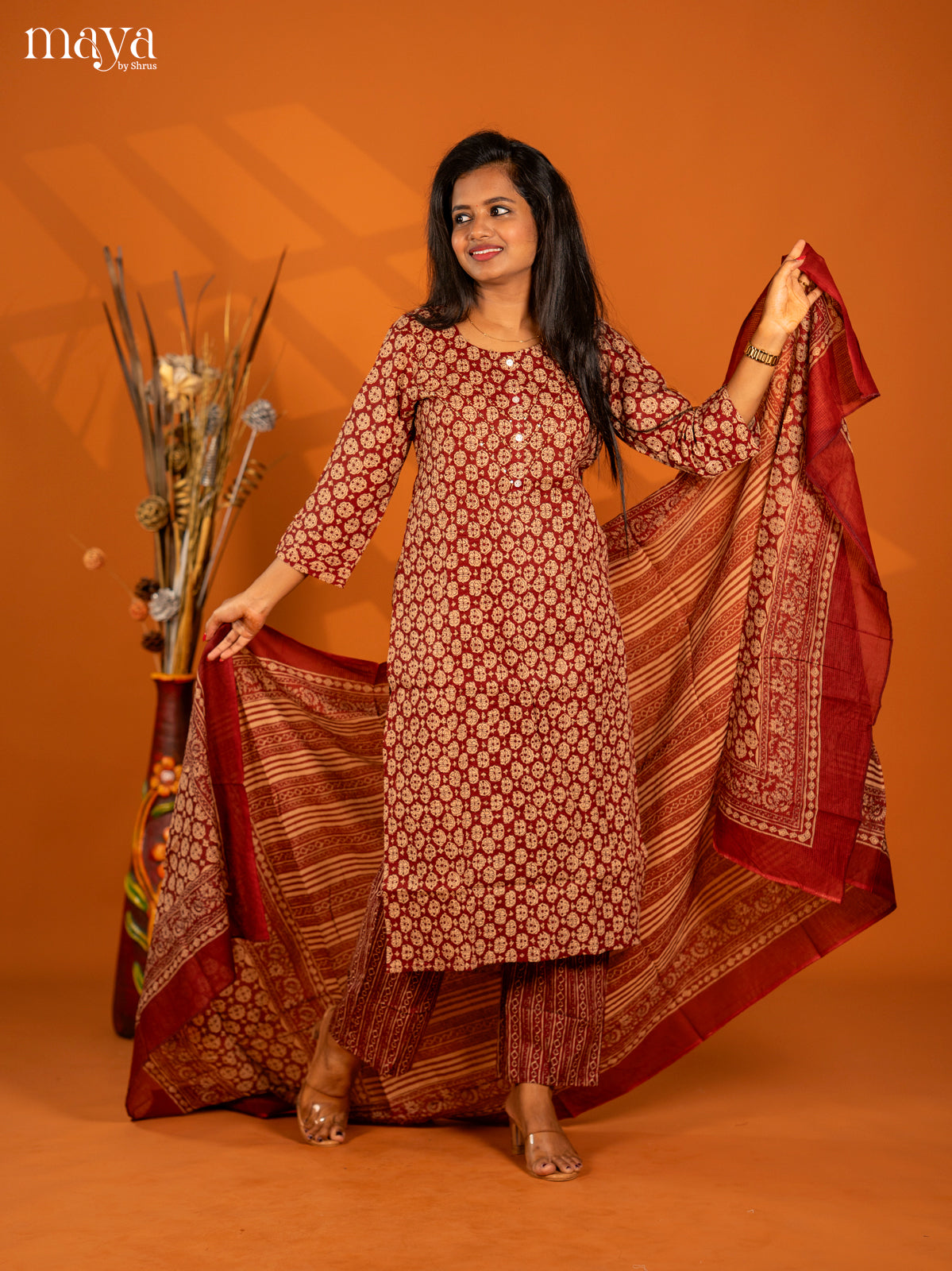 Maroon Cotton 3pc Salwar Suit with Floral Print - Top, Bottom & Dupatta - Shop on Shrus.com