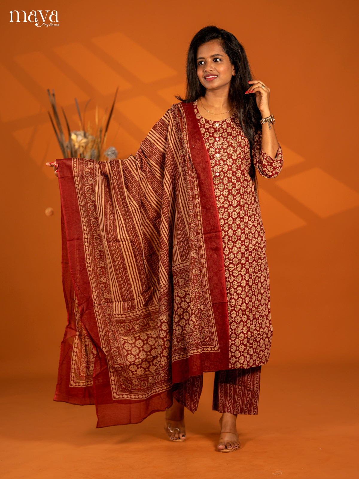 Maroon Cotton 3pc Salwar Suit with Floral Print - Top, Bottom & Dupatta - Shop on Shrus.com