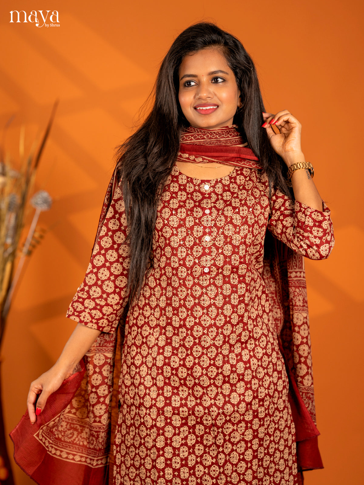 Maroon Cotton 3pc Salwar Suit with Floral Print - Top, Bottom & Dupatta - Shop on Shrus.com