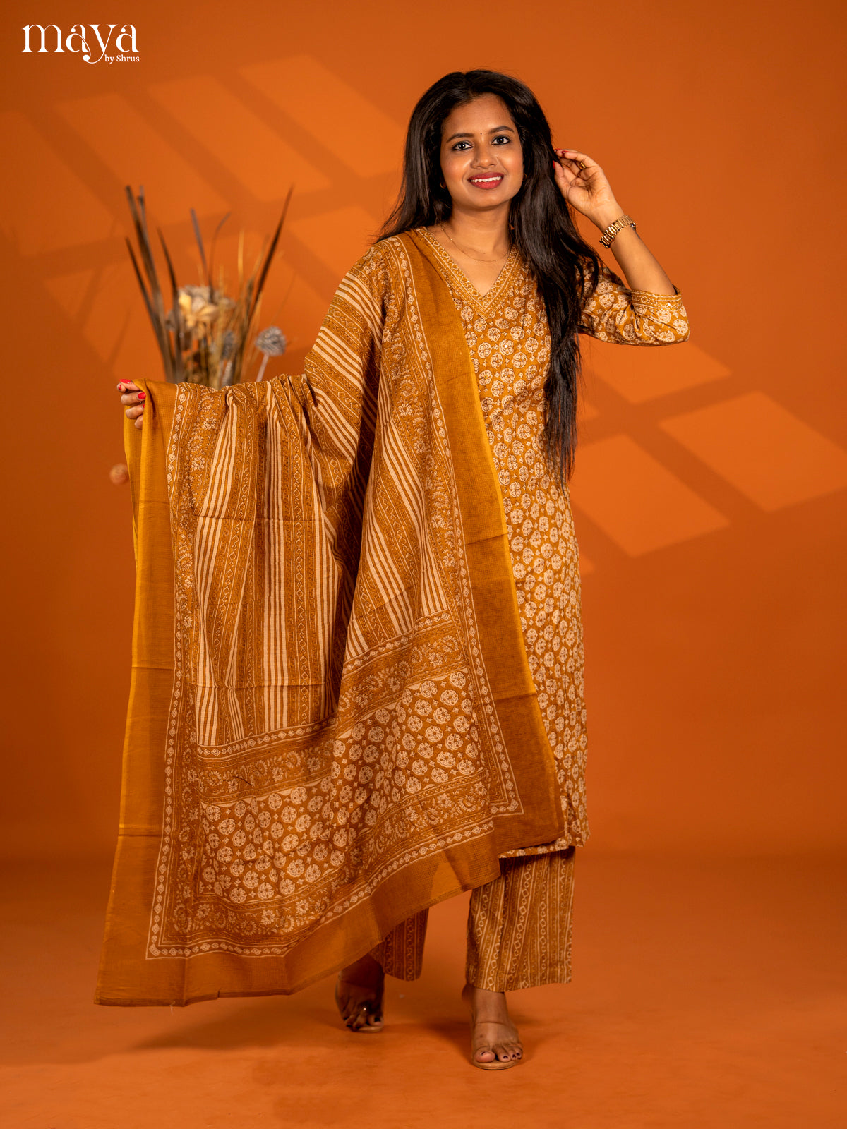 Mustard yellow Cotton 3pc Salwar Suit with Floral Print - Top, Bottom & Dupatta - Shop on Shrus.com