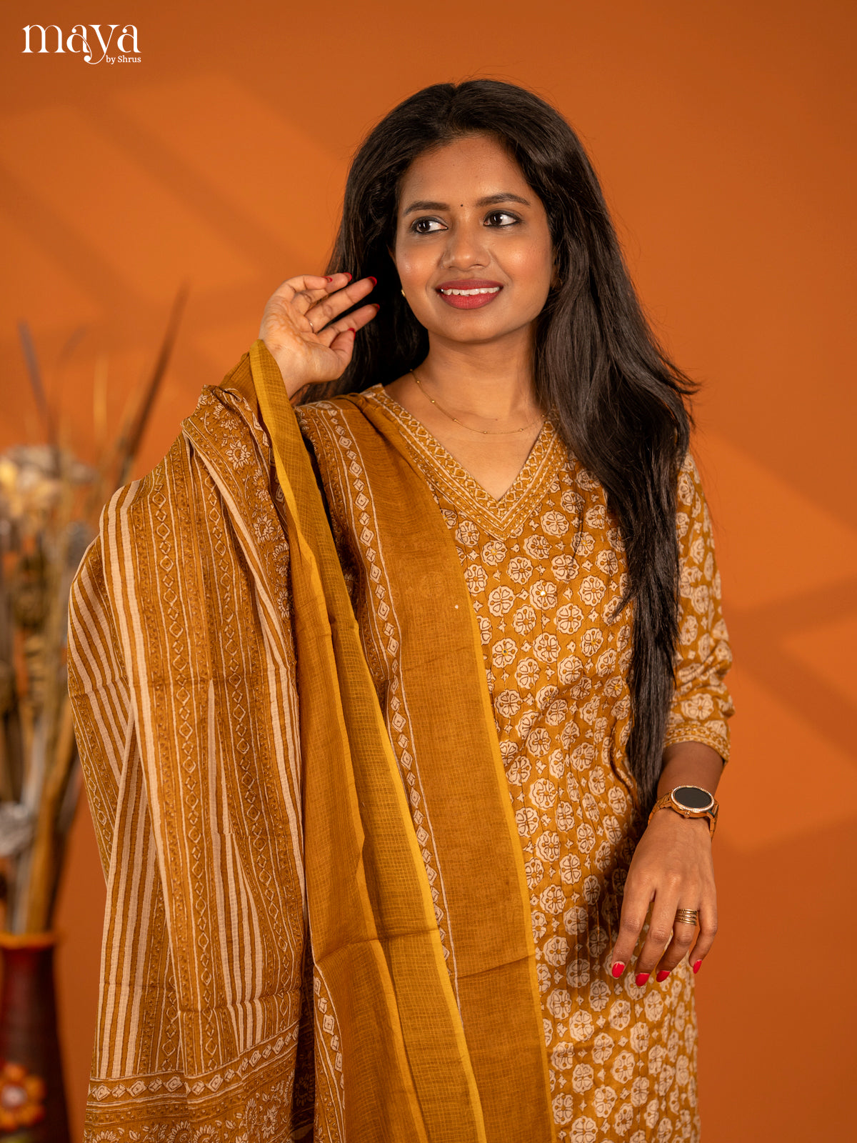 Mustard yellow Cotton 3pc Salwar Suit with Floral Print - Top, Bottom & Dupatta - Shop on Shrus.com