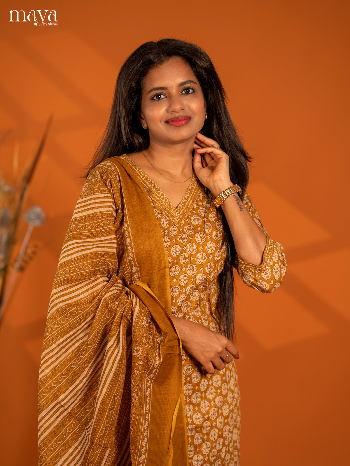 Mustard yellow Cotton 3pc Salwar Suit with Floral Print - Top, Bottom & Dupatta - Shop on Shrus.com