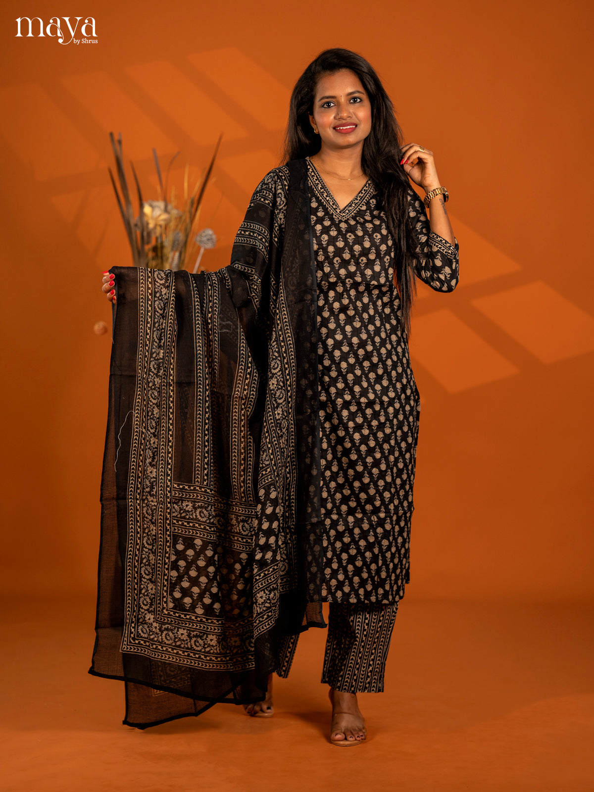 Black Cotton 3pc Salwar Suit with Floral Print - Top, Bottom & Dupatta - Shop on Shrus.com