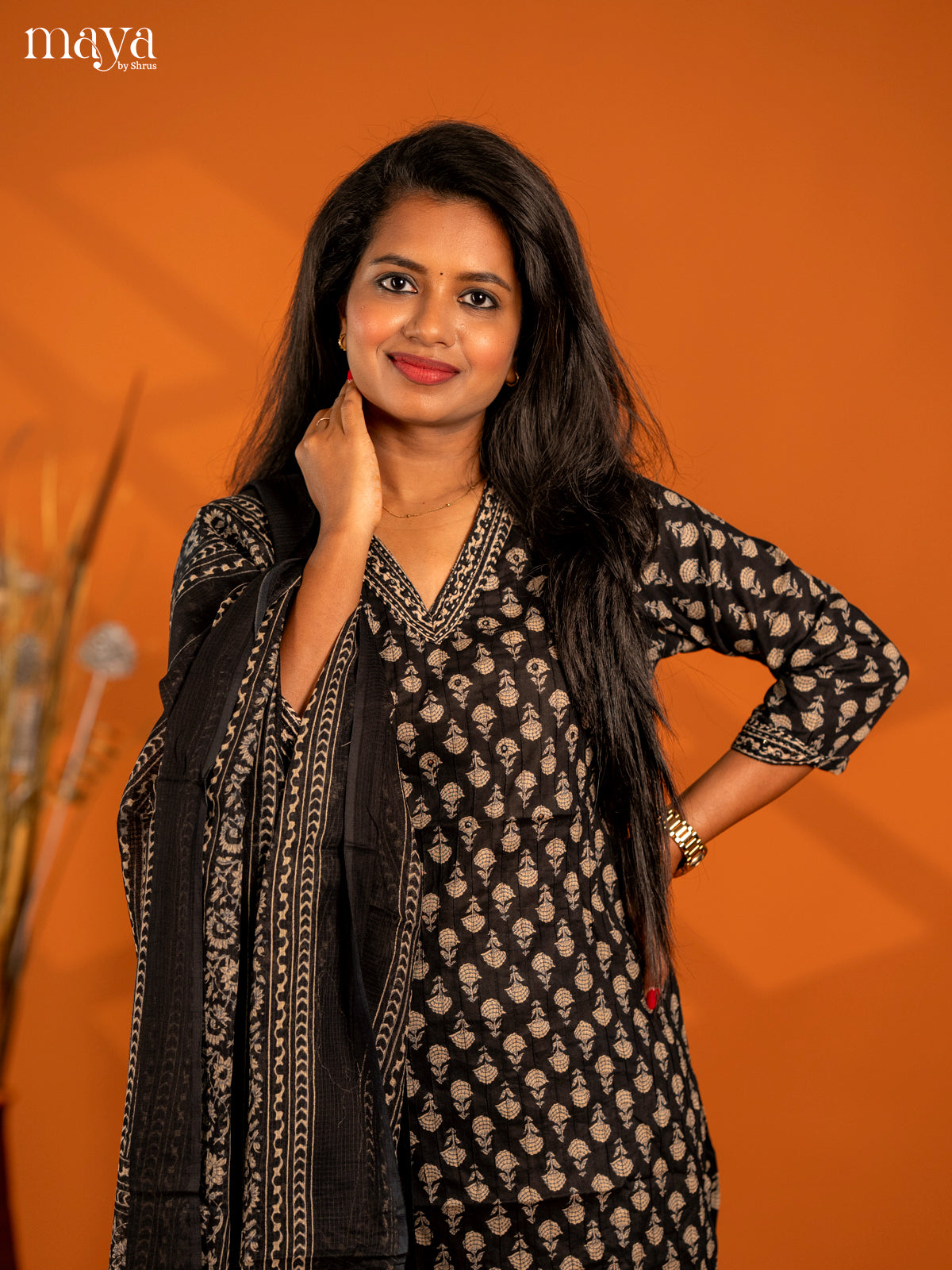 Black Cotton 3pc Salwar Suit with Floral Print - Top, Bottom & Dupatta - Shop on Shrus.com