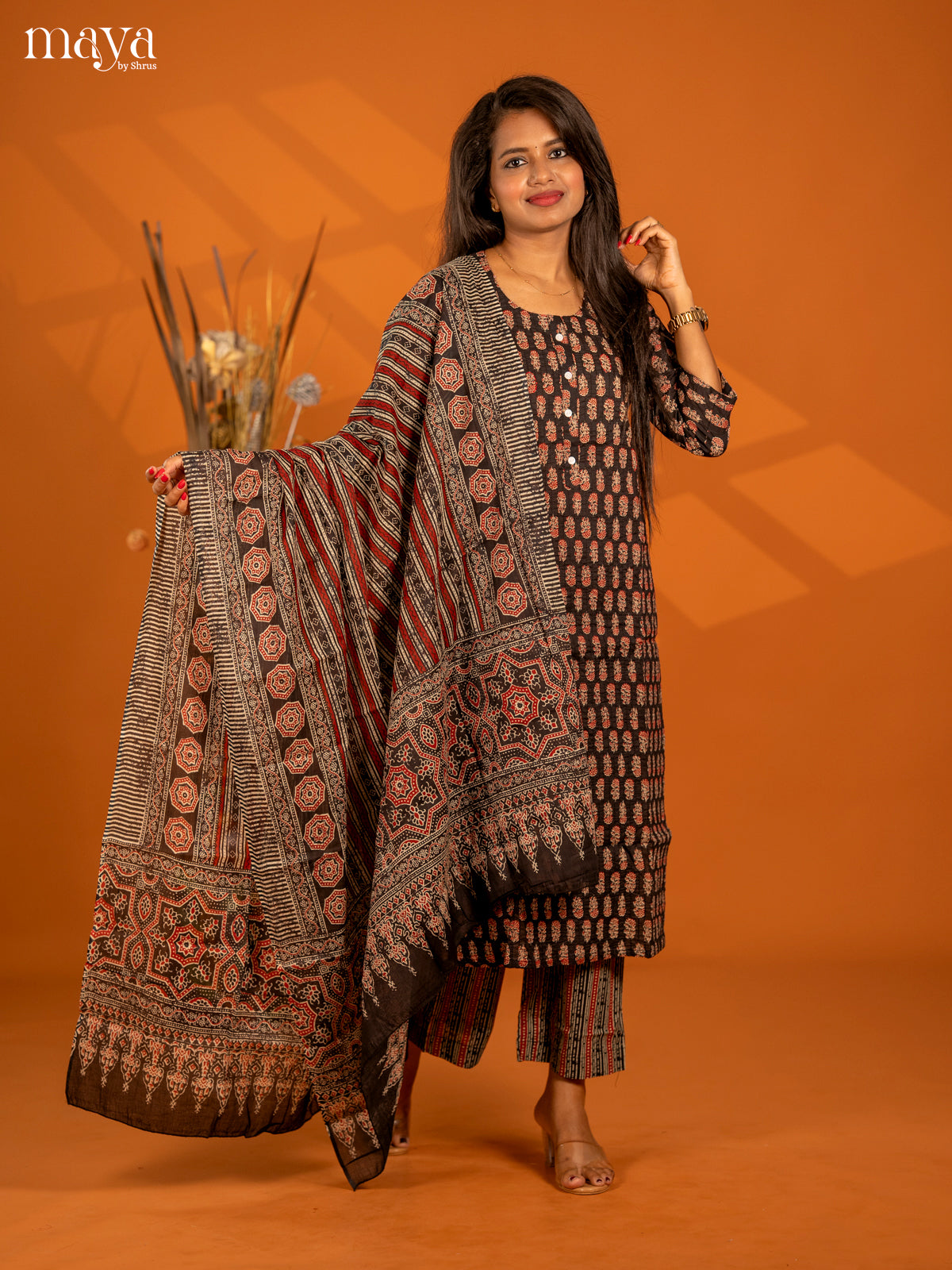 Black Cotton 3pc Salwar Suit with Floral Print - Top, Bottom & Dupatta - Shop on Shrus.com