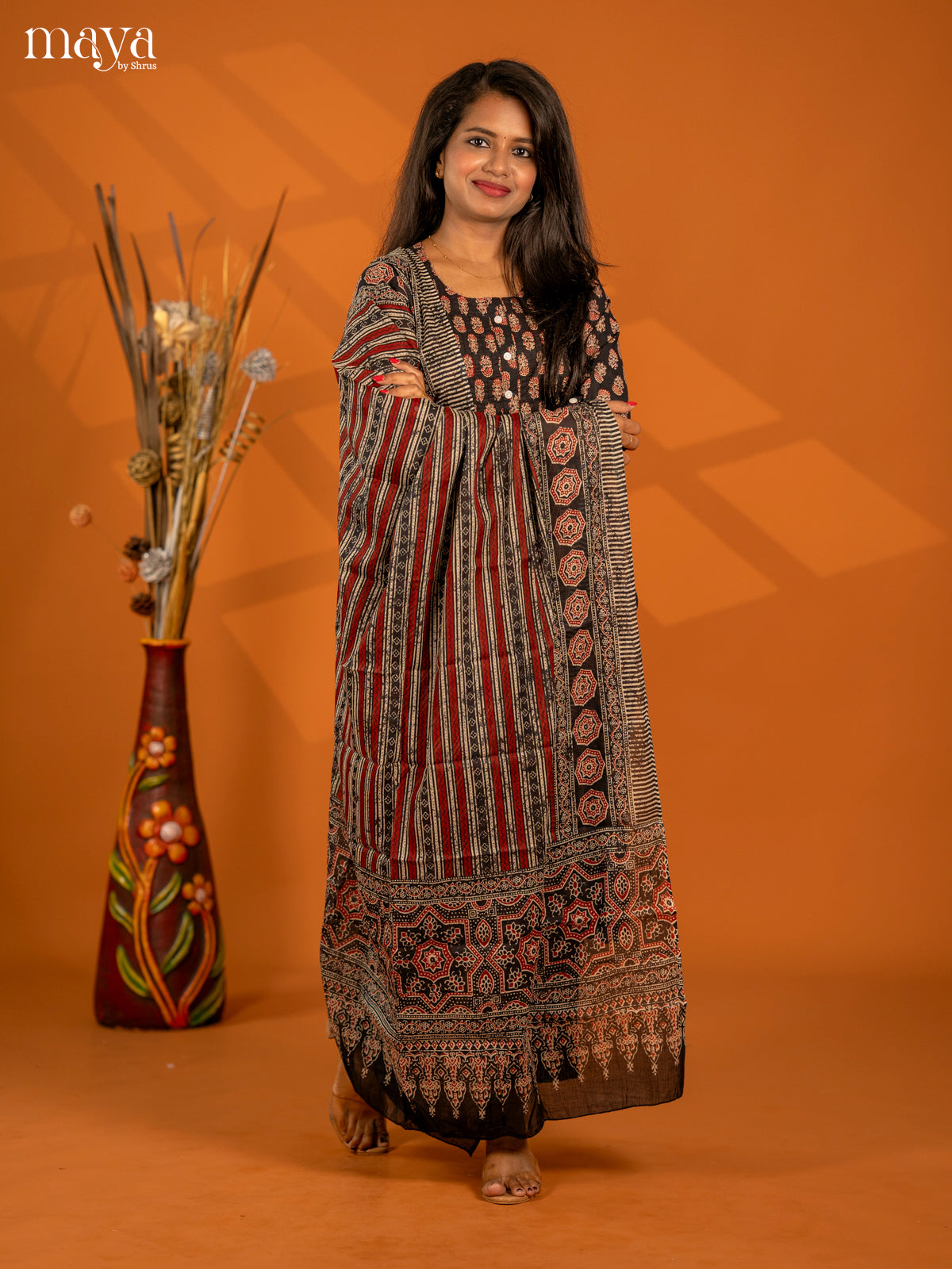 Black Cotton 3pc Salwar Suit with Floral Print - Top, Bottom & Dupatta - Shop on Shrus.com