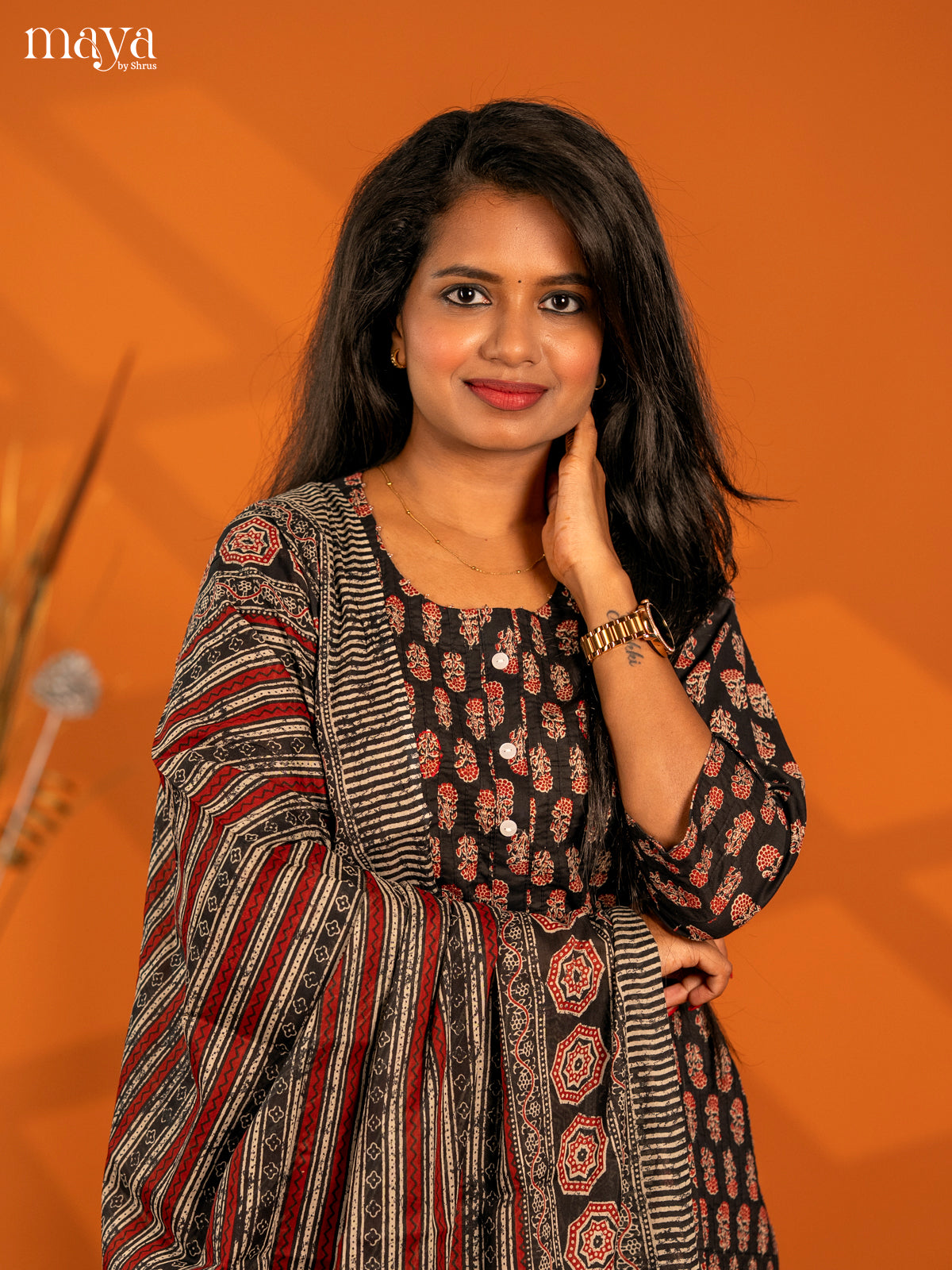 Black Cotton 3pc Salwar Suit with Floral Print - Top, Bottom & Dupatta - Shop on Shrus.com