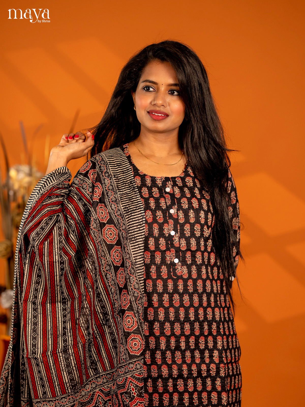 Black Cotton 3pc Salwar Suit with Floral Print - Top, Bottom & Dupatta - Shop on Shrus.com