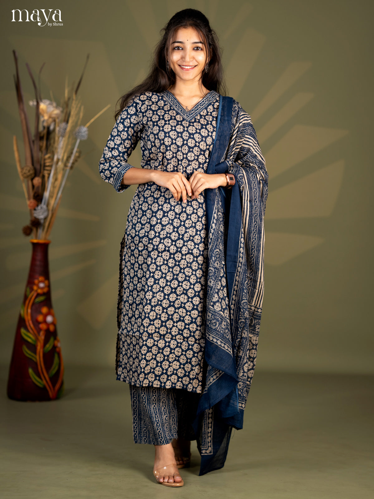 Peacock Blue Cotton 3pc Salwar Suit with Floral Print - Top, Bottom & Dupatta - Shop on Shrus.com
