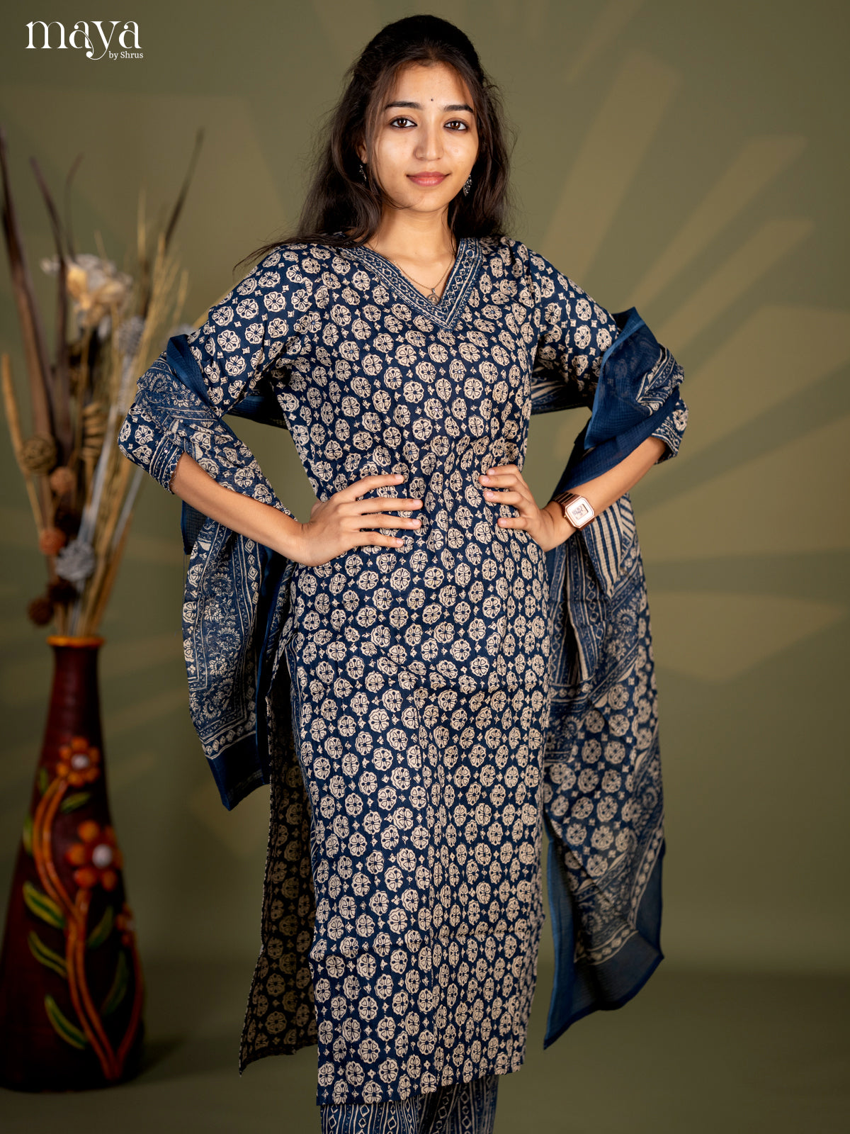 Peacock Blue Cotton 3pc Salwar Suit with Floral Print - Top, Bottom & Dupatta - Shop on Shrus.com