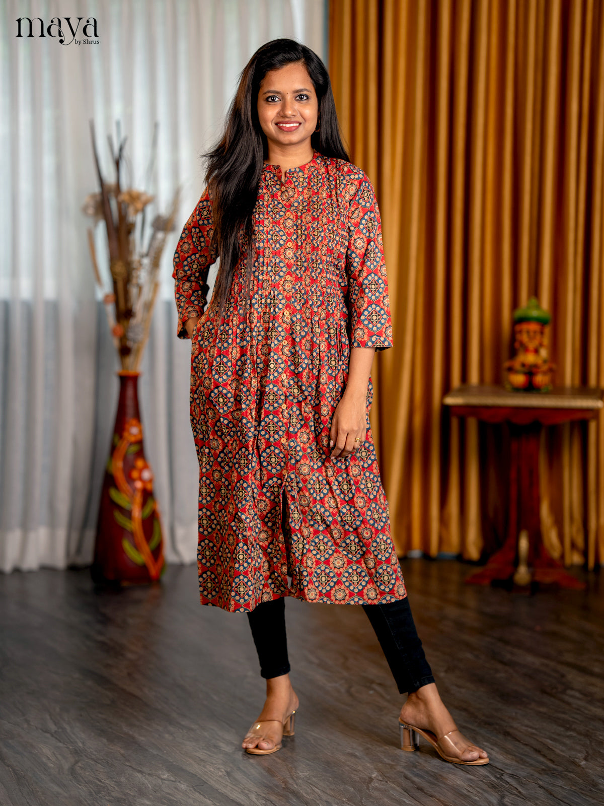 Maroon with Blue Floral Printed Cotton Anarkali A- Line Kurti - Shop on Shrus.com