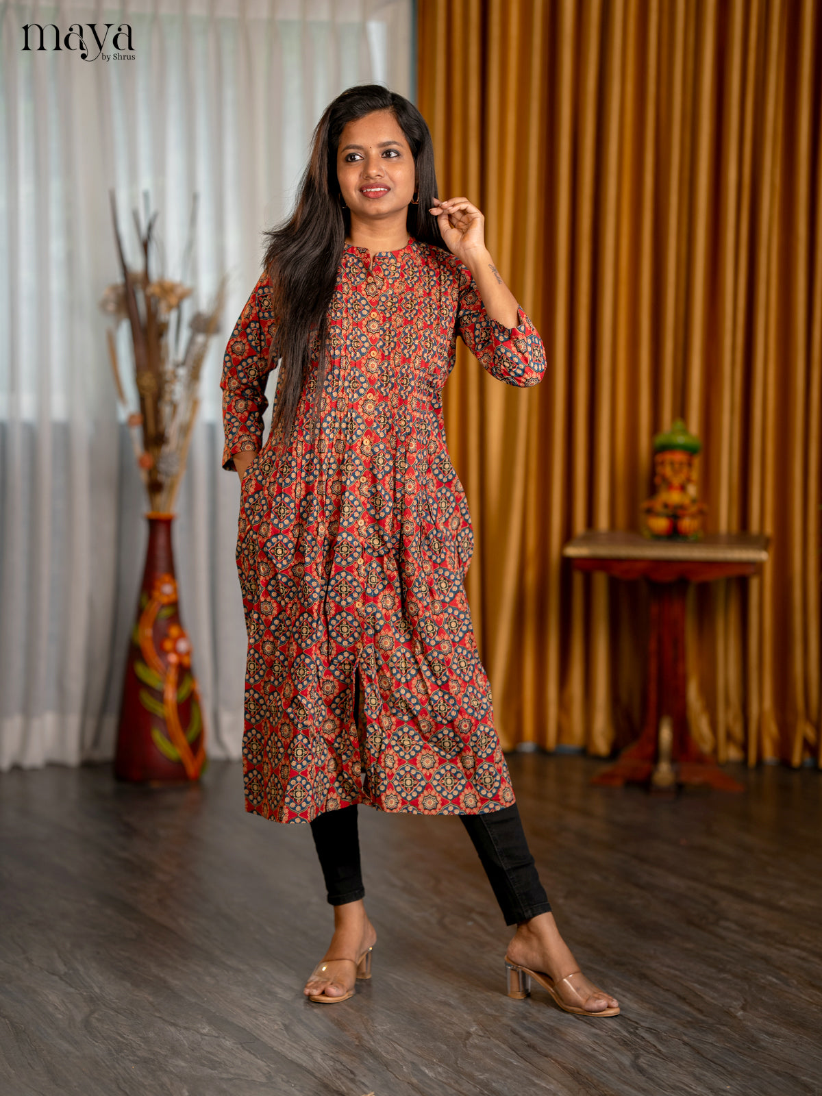 Maroon with Blue Floral Printed Cotton Anarkali A- Line Kurti - Shop on Shrus.com