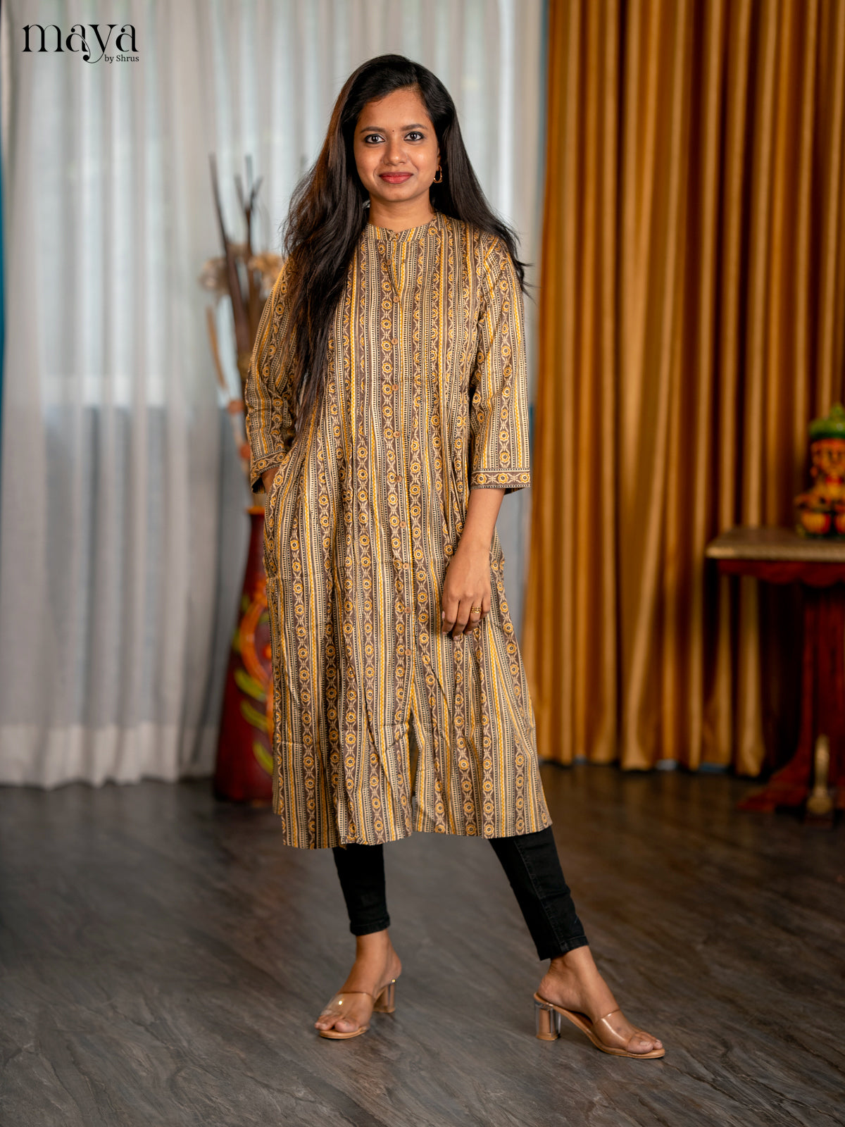 Cream with Browm Geometric Cotton Anarkali A- Line Kurti - Shop on Shrus.com