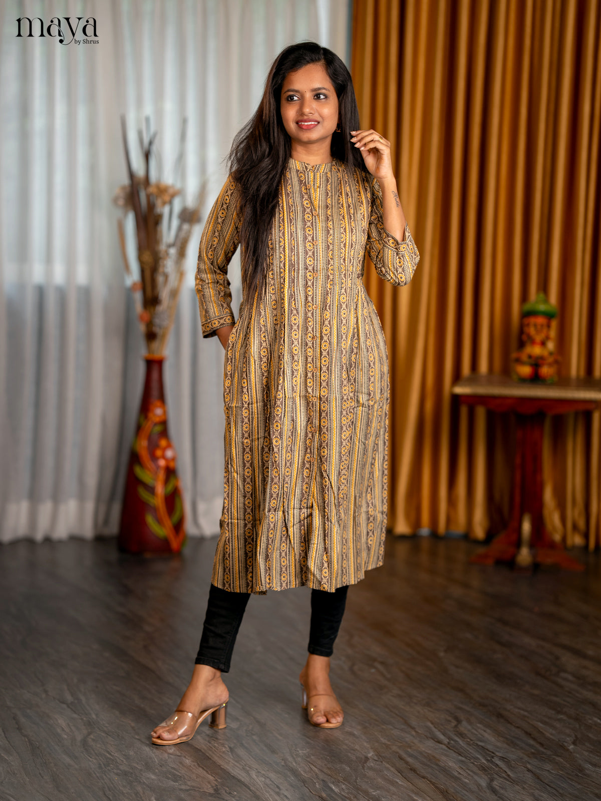 Cream with Browm Geometric Cotton Anarkali A- Line Kurti - Shop on Shrus.com