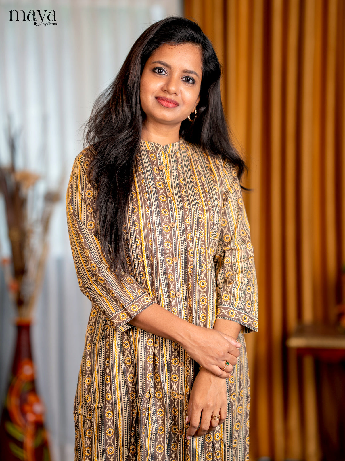 Cream with Browm Geometric Cotton Anarkali A- Line Kurti - Shop on Shrus.com