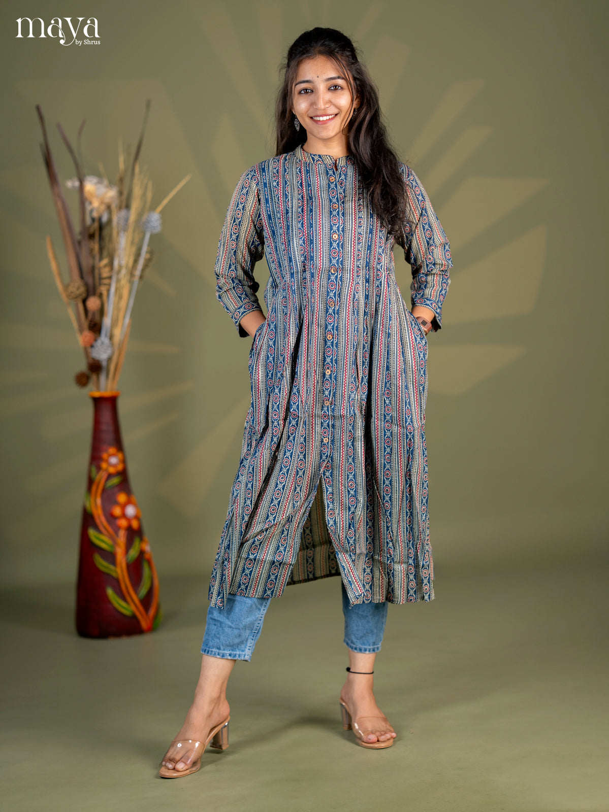 Peacock Blue with Maroon Geometric Cotton Anarkali A - Line Kurti - Shop on Shrus.com