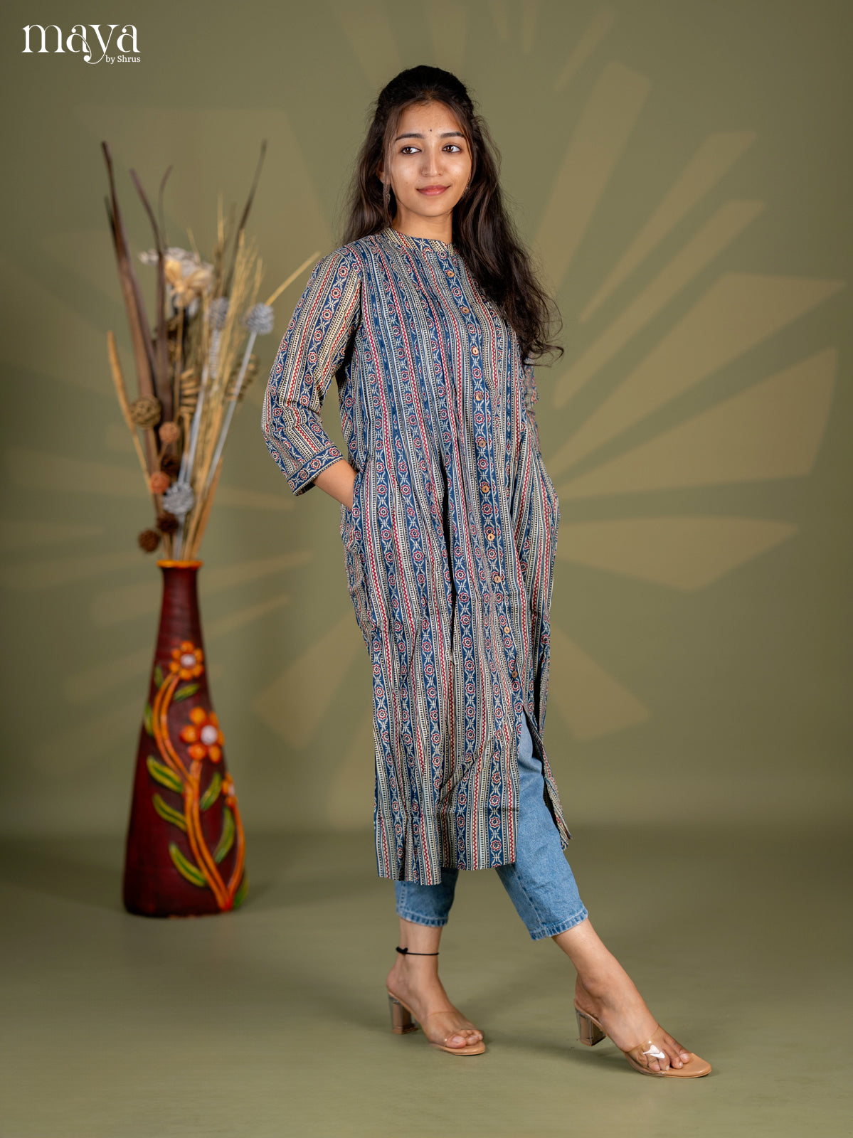 Peacock Blue with Maroon Geometric Cotton Anarkali A - Line Kurti - Shop on Shrus.com