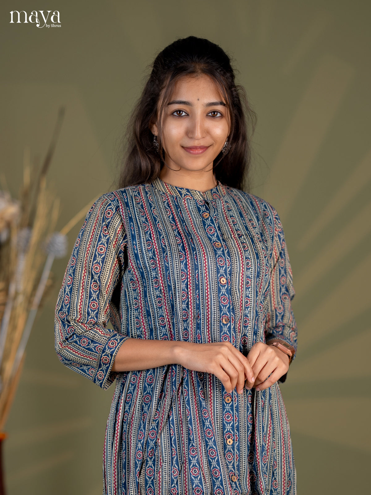 Peacock Blue with Maroon Geometric Cotton Anarkali A - Line Kurti - Shop on Shrus.com