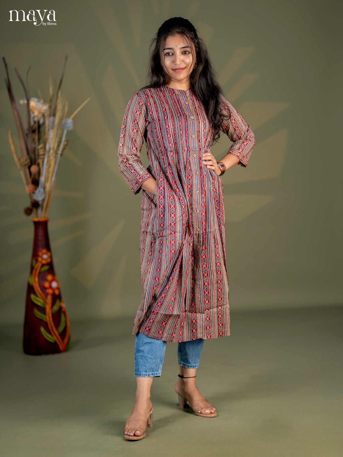 Beige with Maroon Geometric Cotton Anarkali A - Line Kurti - Shop on Shrus.com