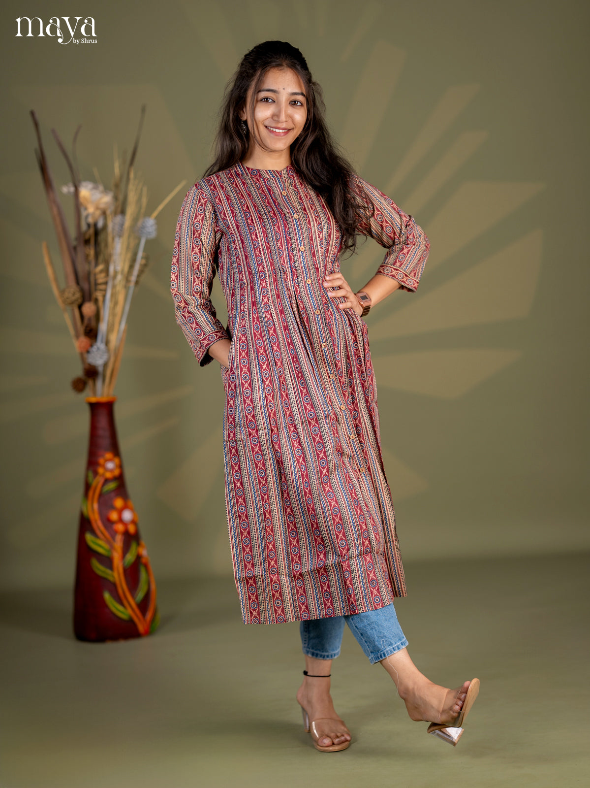 Beige with Maroon Geometric Cotton Anarkali A - Line Kurti - Shop on Shrus.com