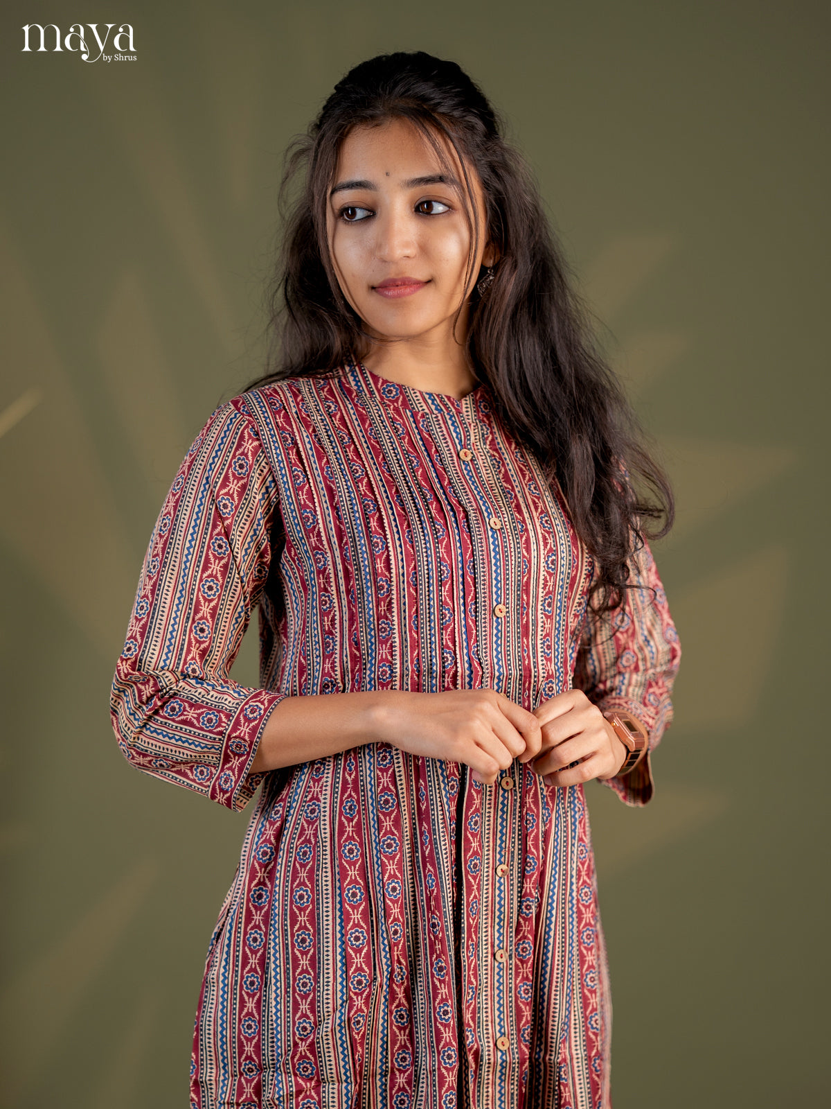 Beige with Maroon Geometric Cotton Anarkali A - Line Kurti - Shop on Shrus.com