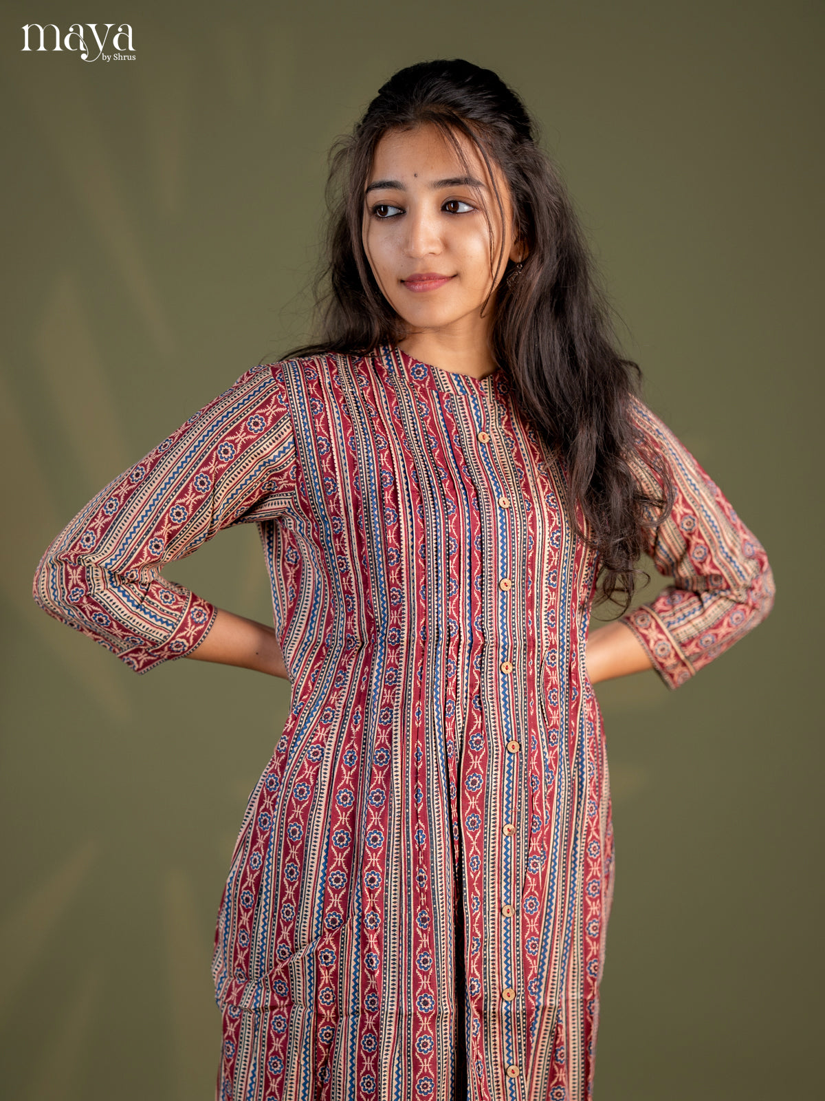 Beige with Maroon Geometric Cotton Anarkali A - Line Kurti - Shop on Shrus.com