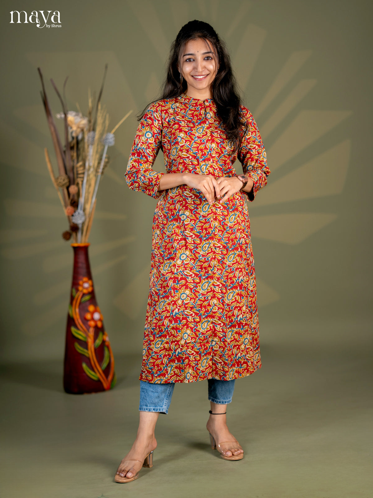 Red Kalamkari Printed Cotton A- Line Kurti - Shop on Shrus.com