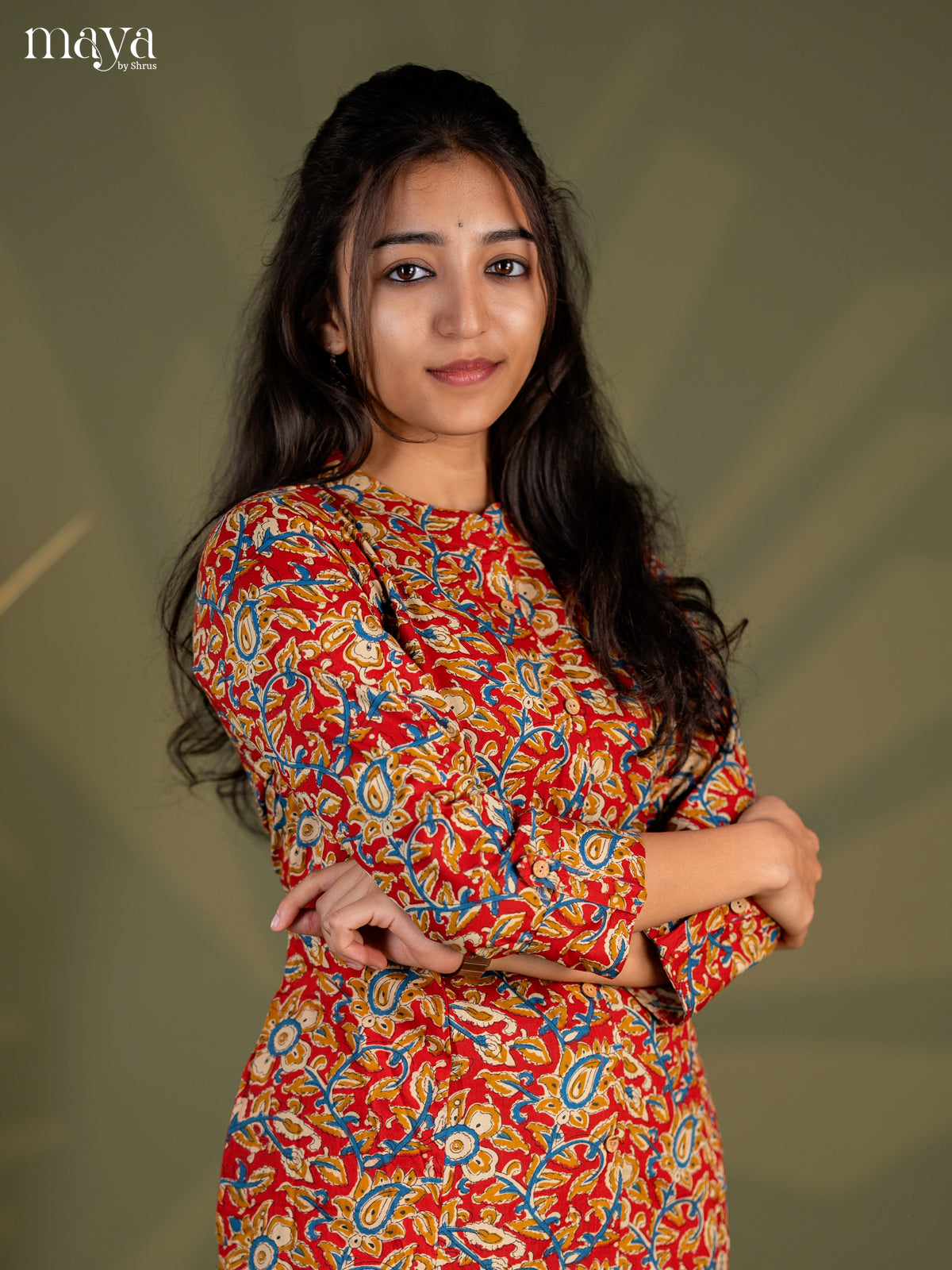 Red Kalamkari Printed Cotton A- Line Kurti - Shop on Shrus.com