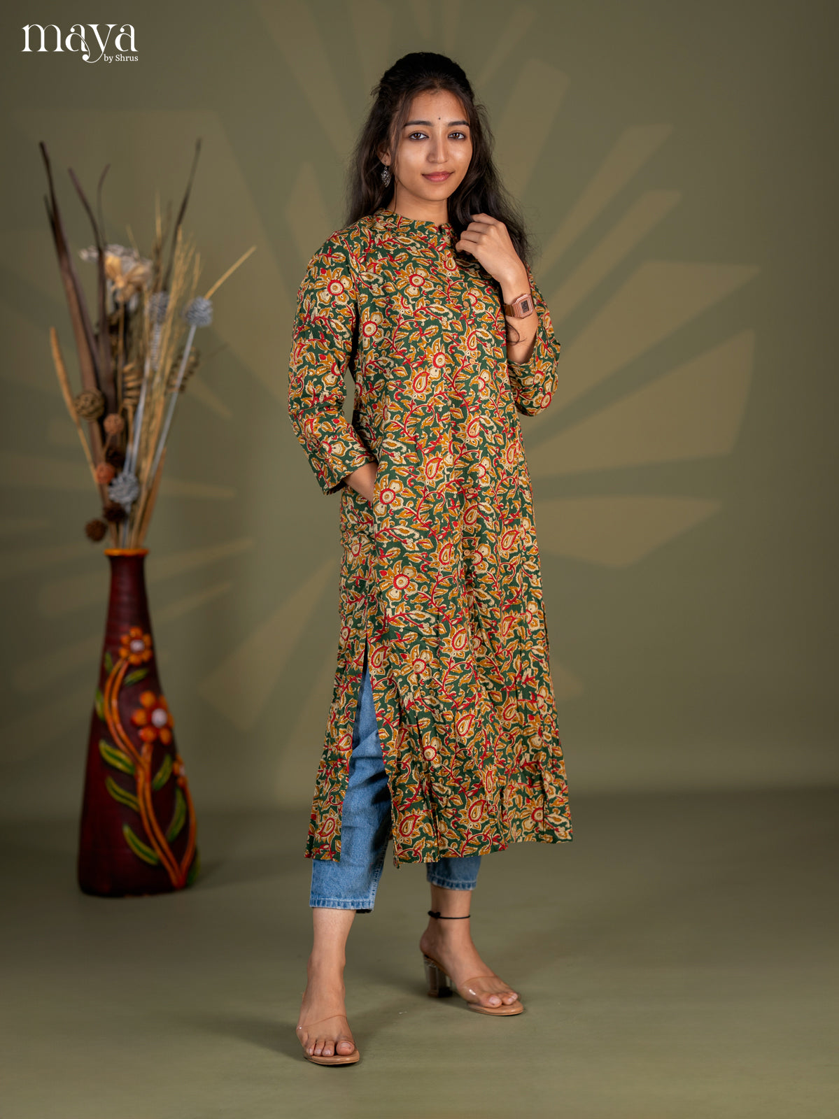 Bottle Green Kalamkari Printed Cotton A- Line Kurti - Shop on Shrus.com
