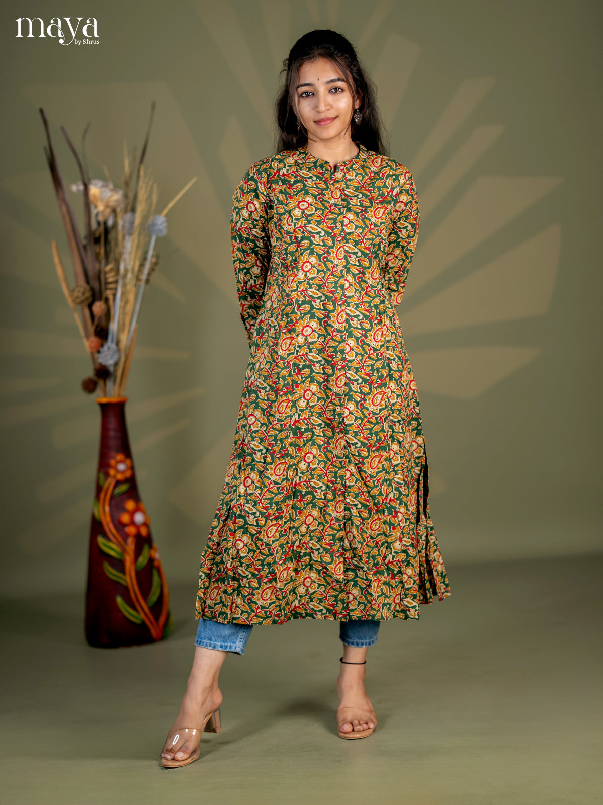 Bottle Green Kalamkari Printed Cotton A- Line Kurti - Shop on Shrus.com