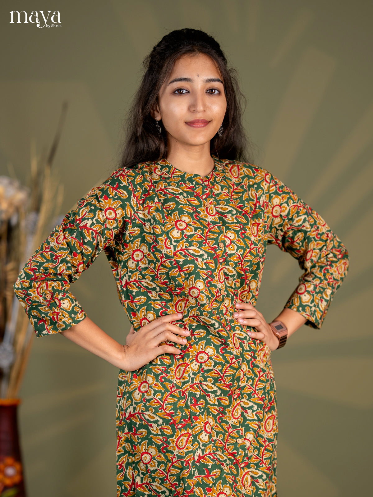 Bottle Green Kalamkari Printed Cotton A- Line Kurti - Shop on Shrus.com