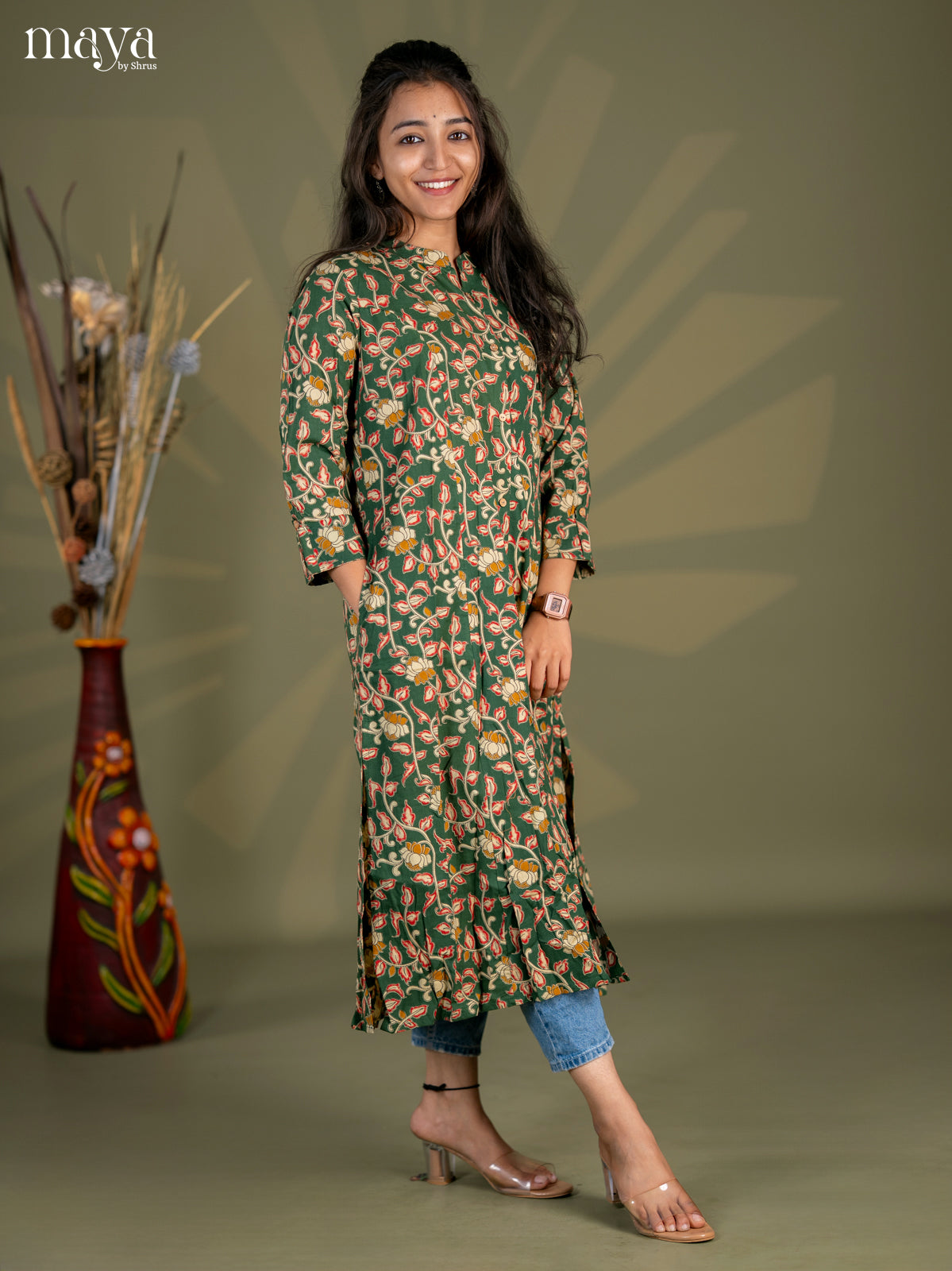 Bottle Green Kalamkari Printed Cotton A- Line Kurti - Shop on Shrus.com