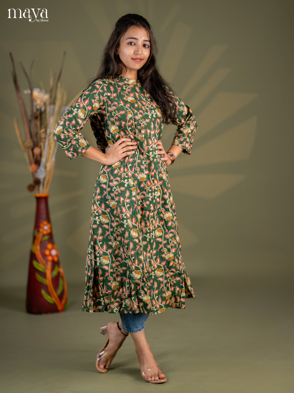 Bottle Green Kalamkari Printed Cotton A- Line Kurti - Shop on Shrus.com