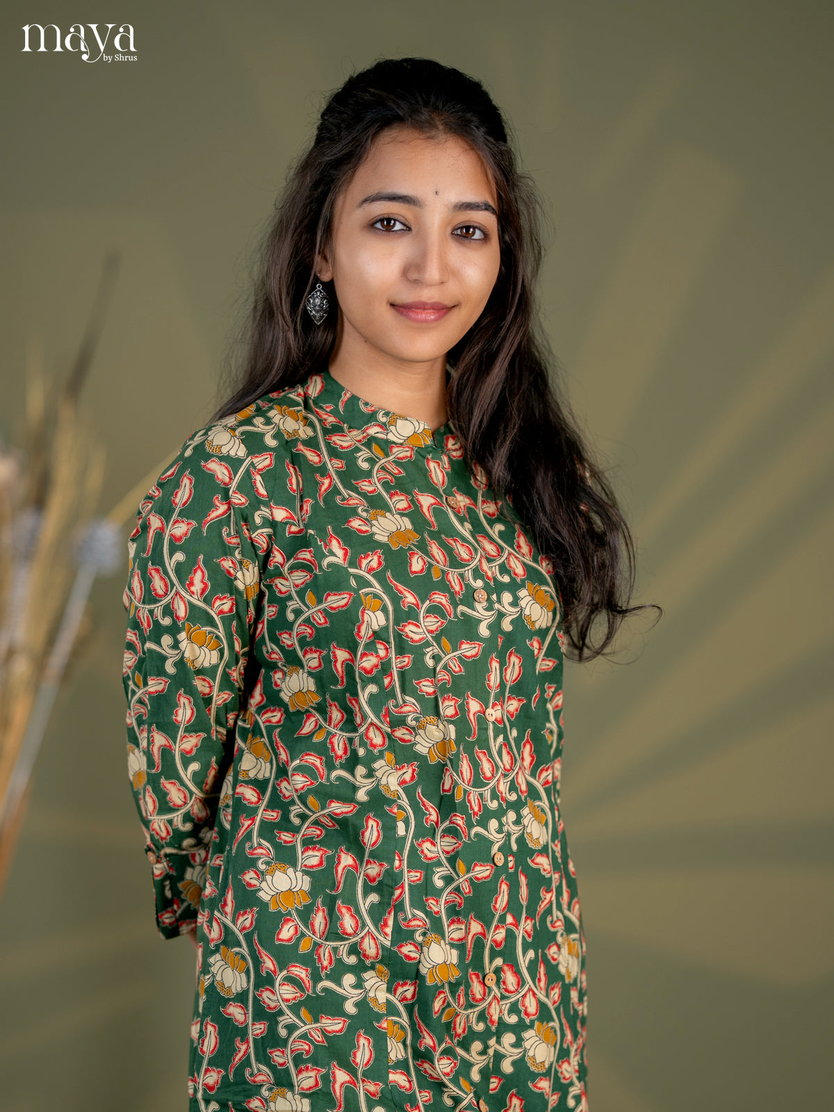 Bottle Green Kalamkari Printed Cotton A- Line Kurti - Shop on Shrus.com