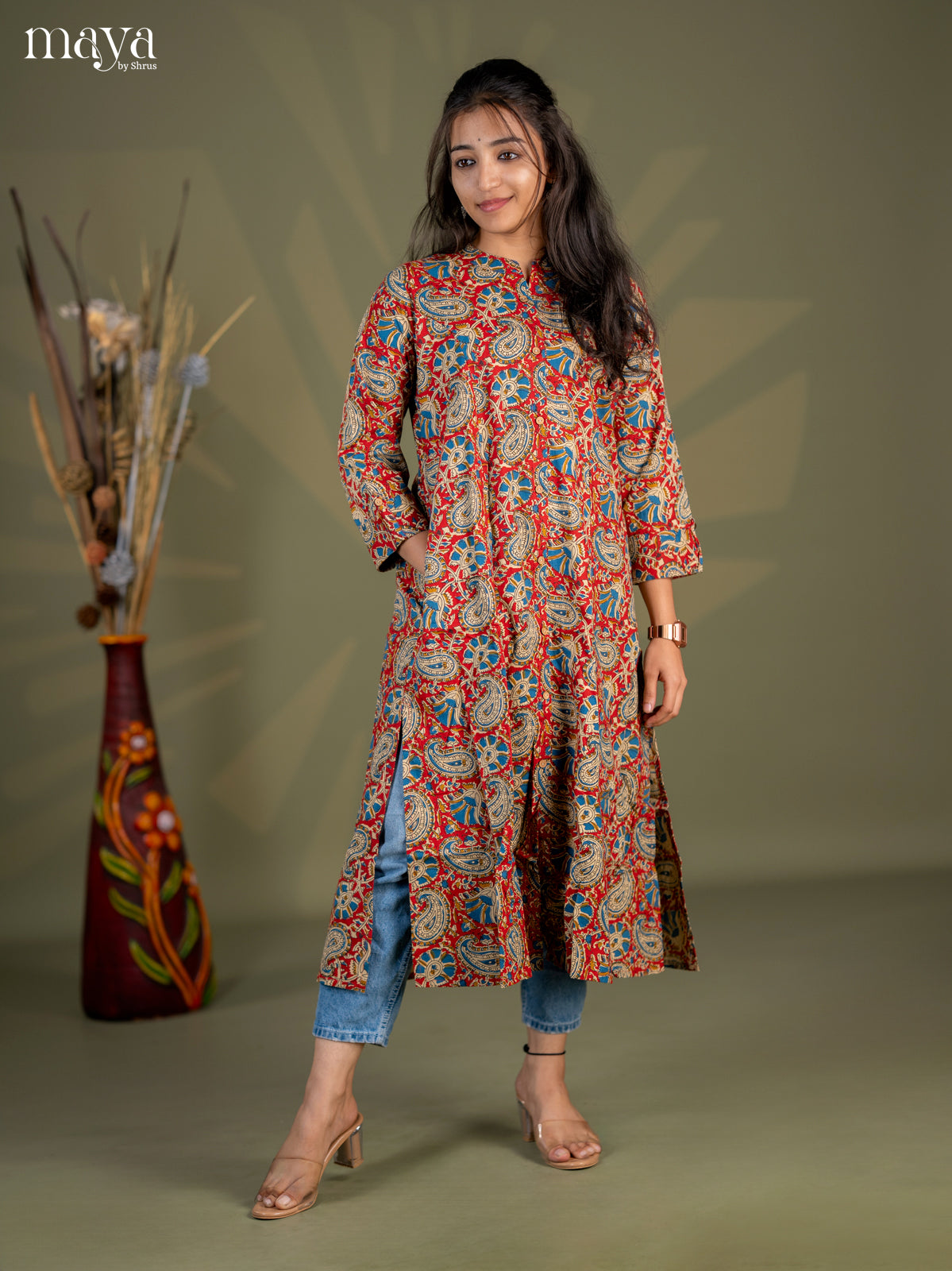 Red Kalamkari Printed Cotton A- Line Kurti - Shop on Shrus.com