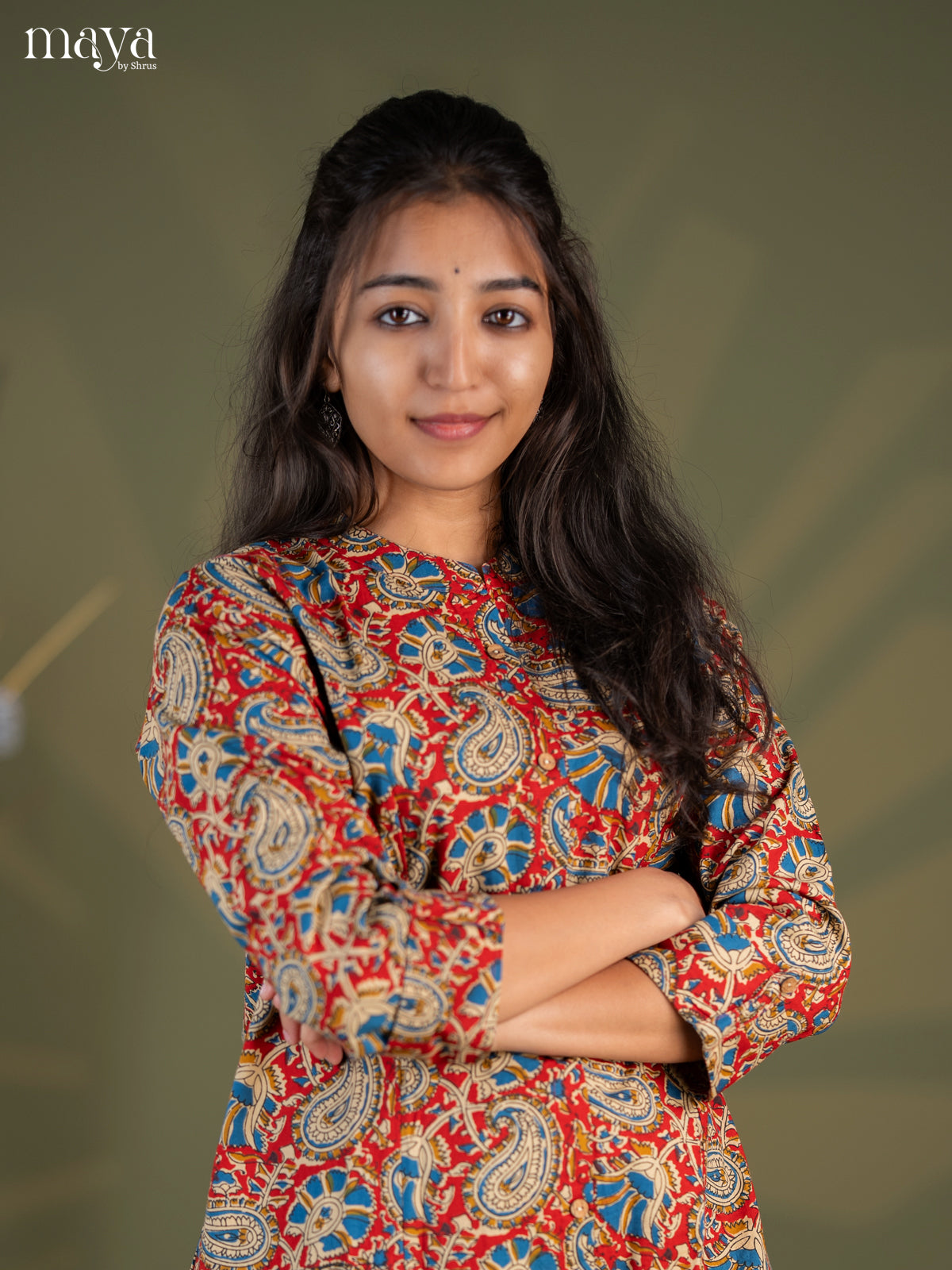 Red Kalamkari Printed Cotton A- Line Kurti - Shop on Shrus.com