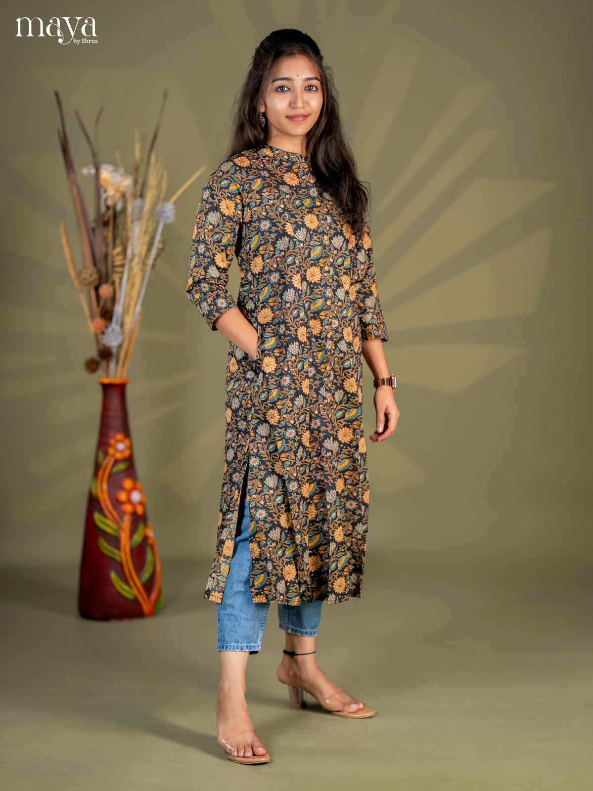 Black Kalamkari Cotton A - Line Kurti - Shop on Shrus.com