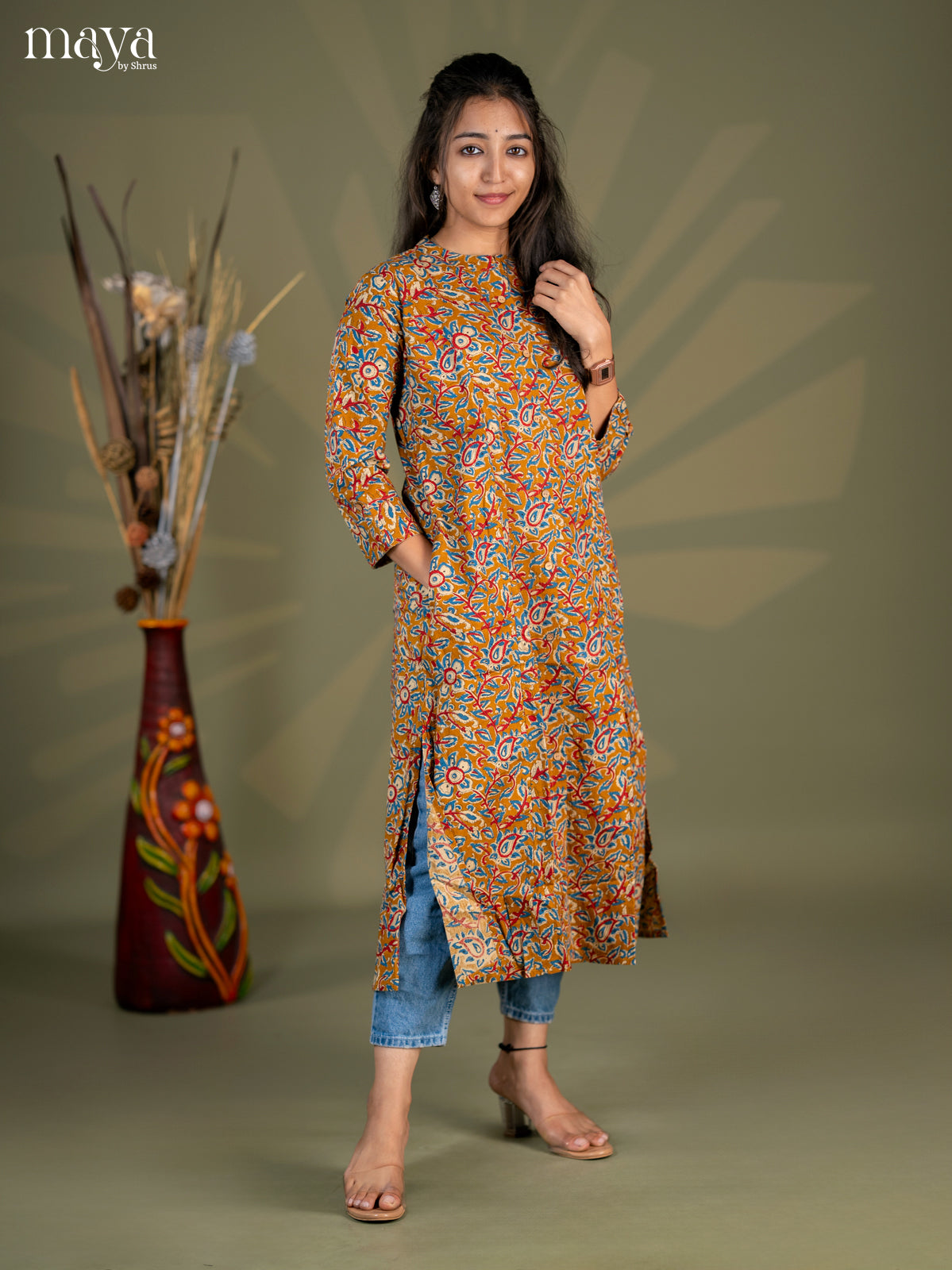 Mustard Kalamkari Cotton A -Line Kurti - Shop on Shrus.com