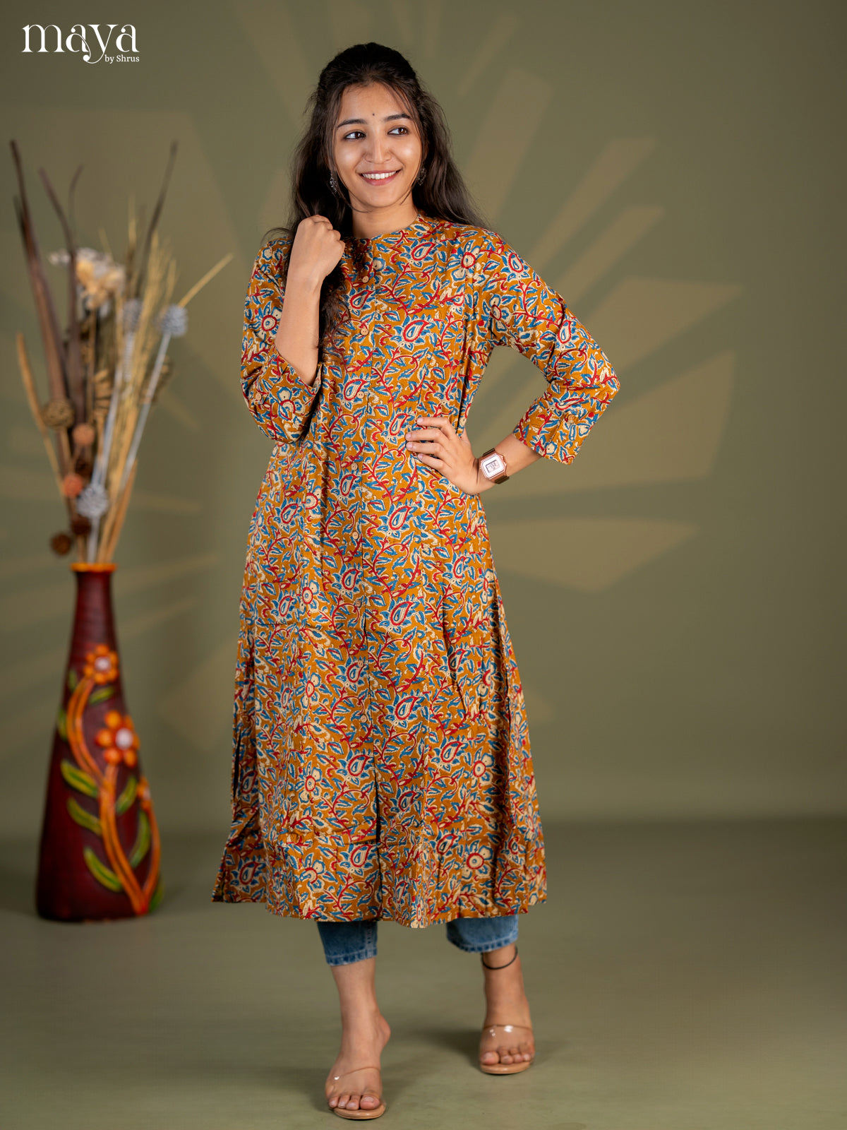 Mustard Kalamkari Cotton A -Line Kurti - Shop on Shrus.com