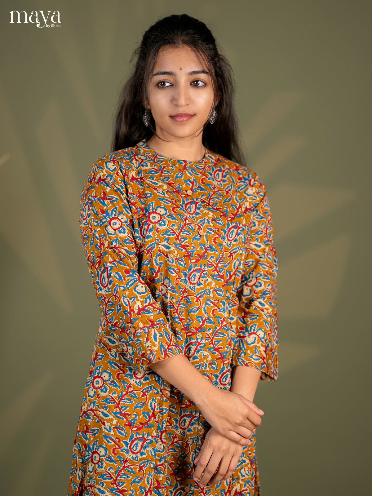Mustard Kalamkari Cotton A -Line Kurti - Shop on Shrus.com