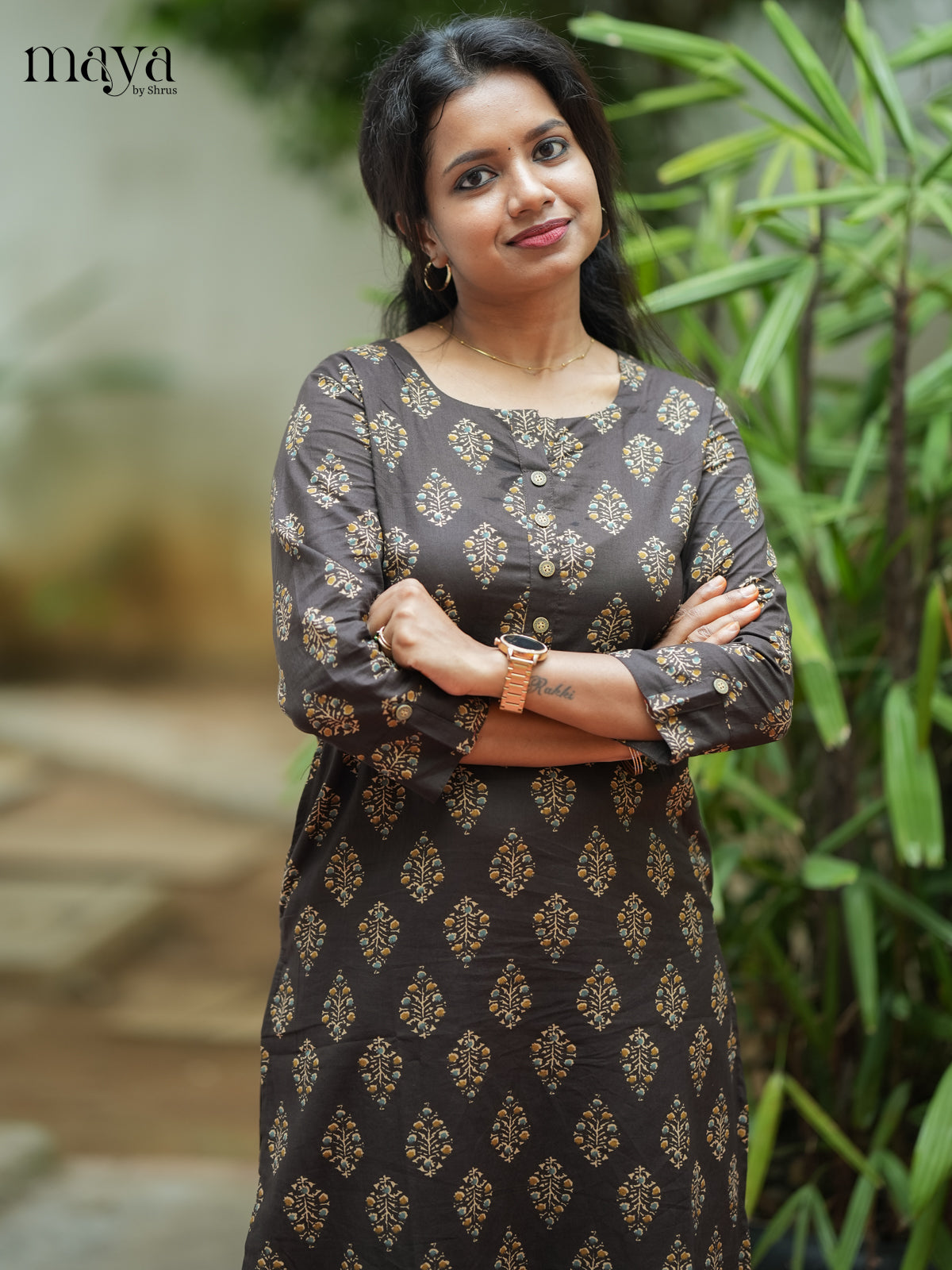 Dark Brown Ajrakh printed Cotton Kurti - Shop on Shrus.com