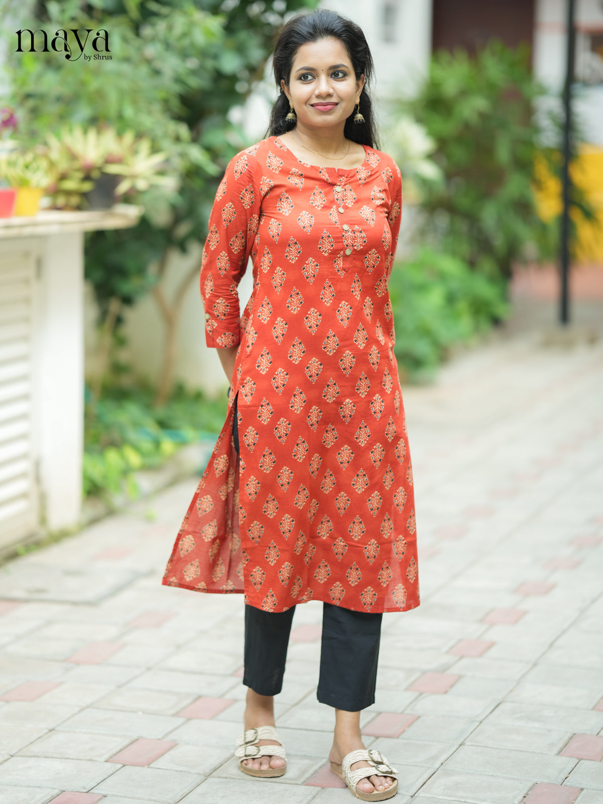 Brown Ajrakh printed Cotton Kurti - Shop on Shrus.com