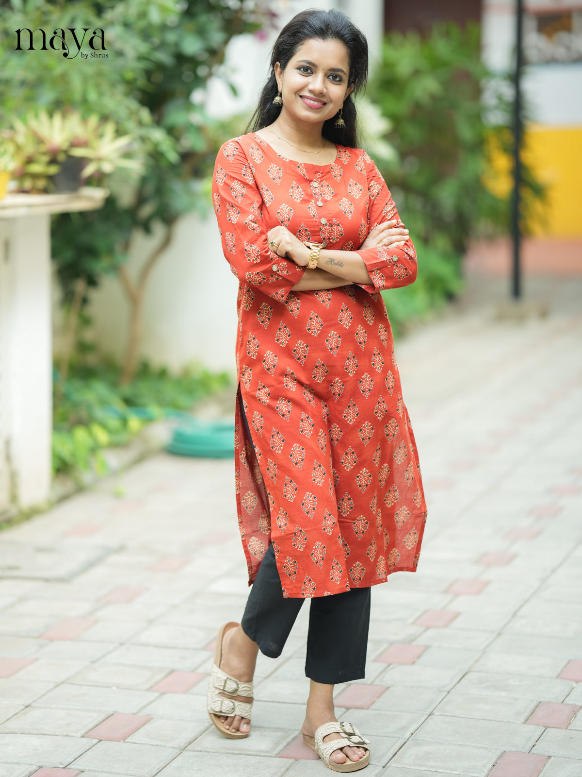 Brown Ajrakh printed Cotton Kurti - Shop on Shrus.com