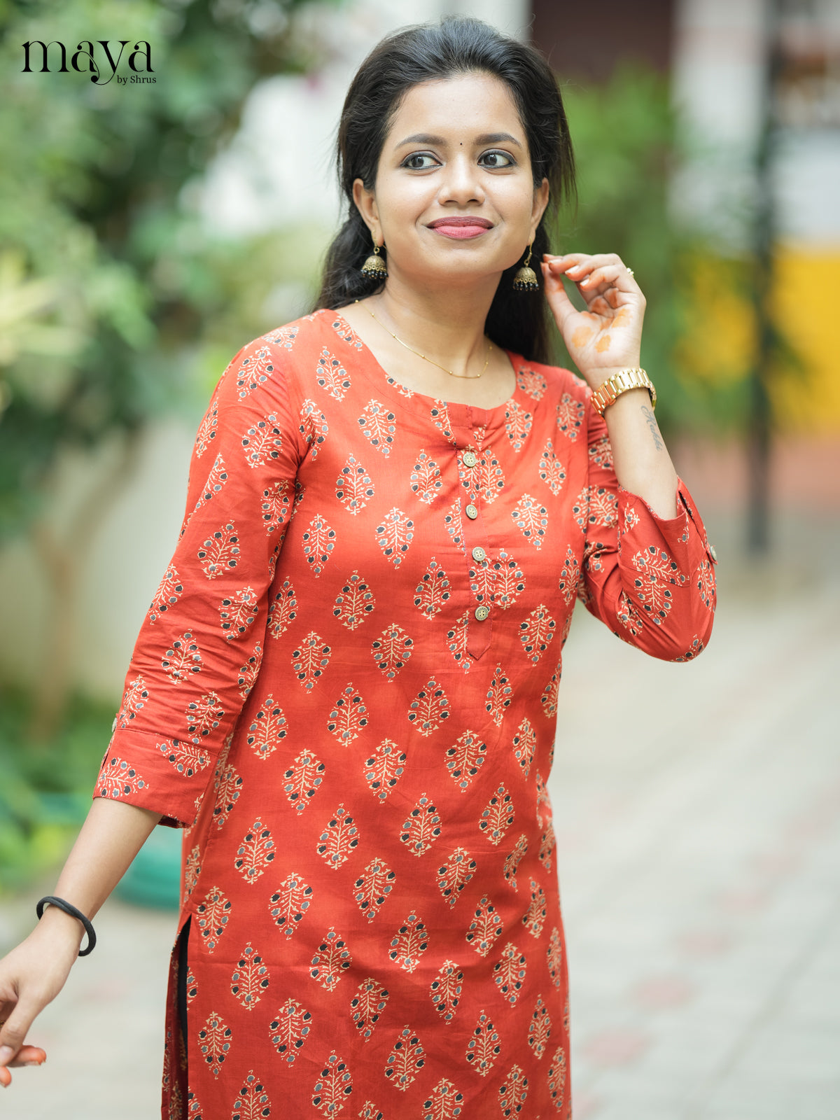 Brown Ajrakh printed Cotton Kurti - Shop on Shrus.com