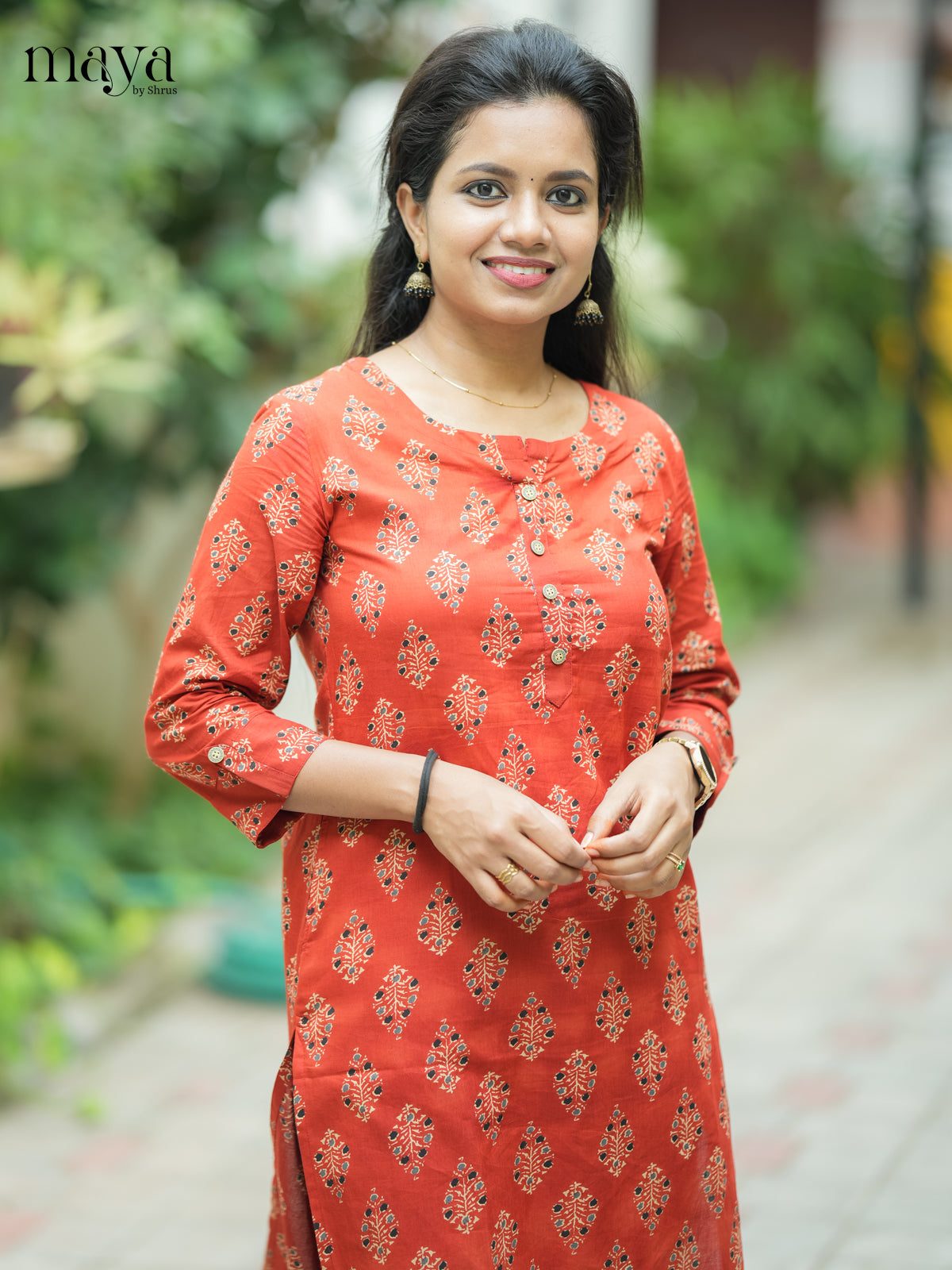 Brown Ajrakh printed Cotton Kurti - Shop on Shrus.com