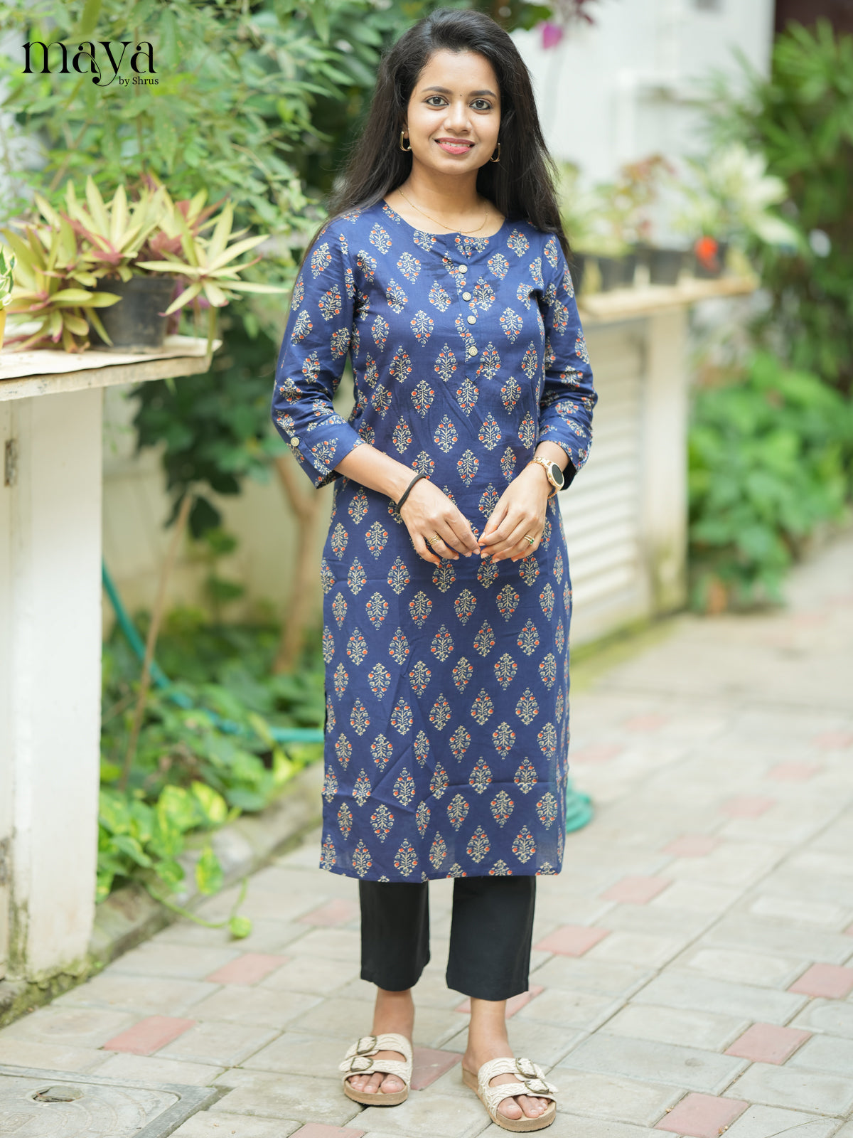 Navy Blue Ajrakh printed Cotton Kurti - Shop on Shrus.com