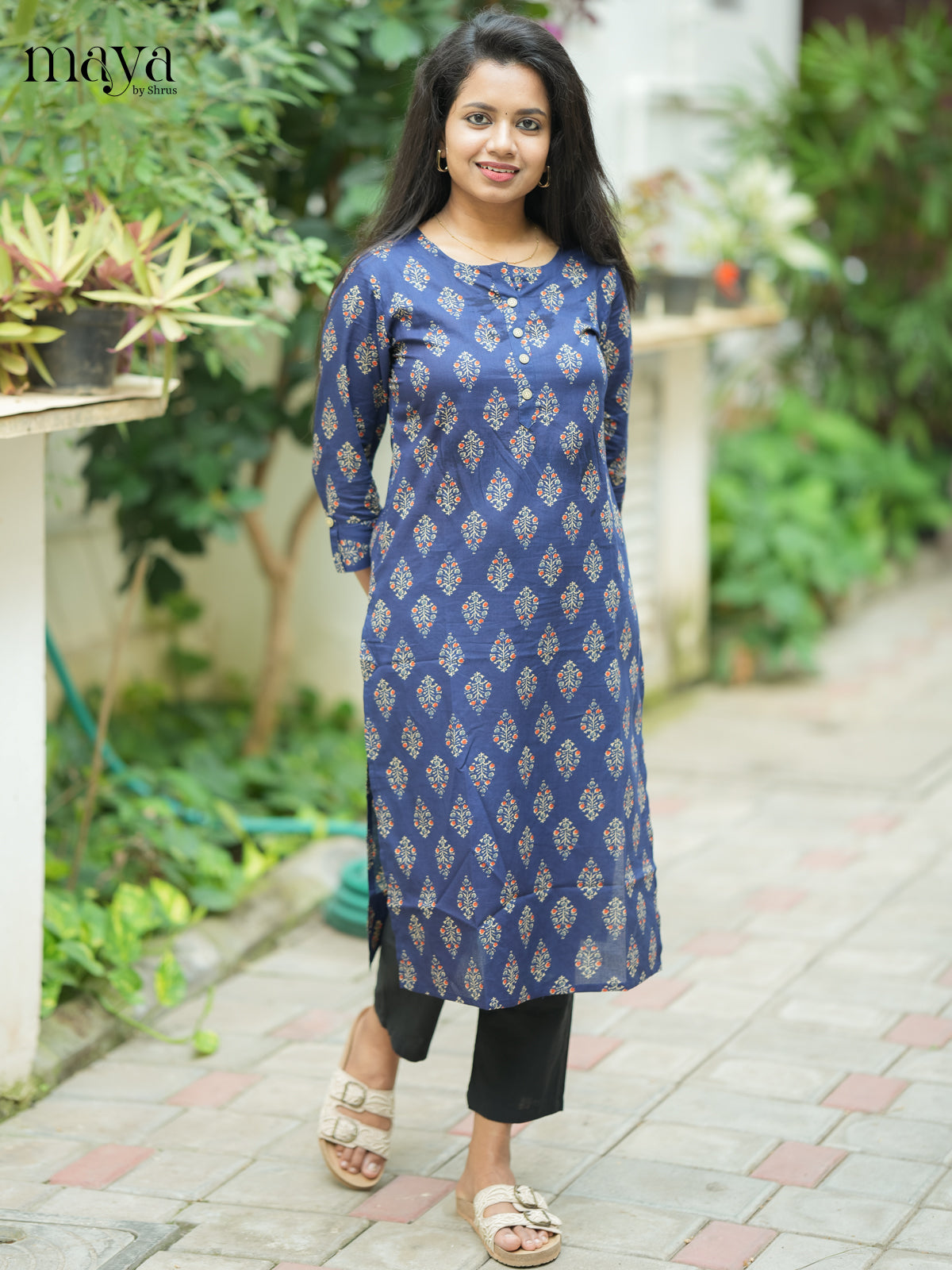 Navy Blue Ajrakh printed Cotton Kurti - Shop on Shrus.com